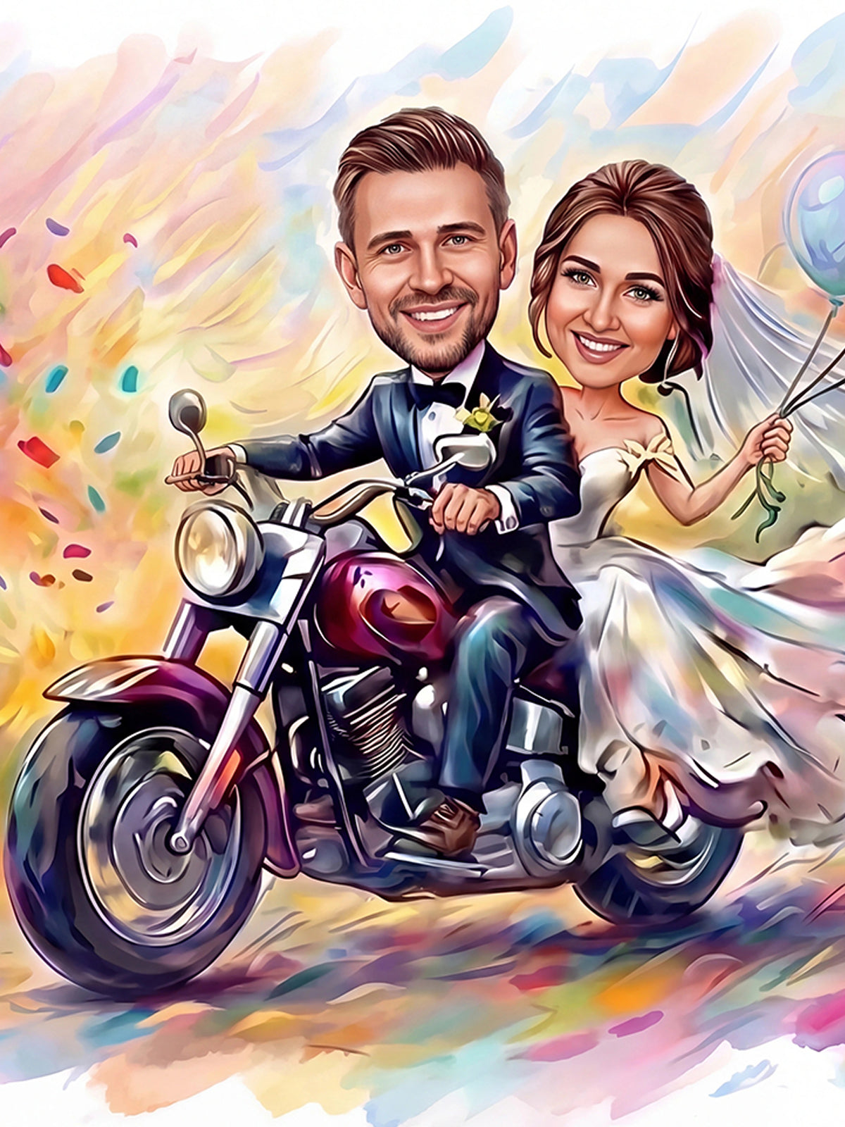 Karykatura ślubna na motocyklu personalizowany prezent na wesele