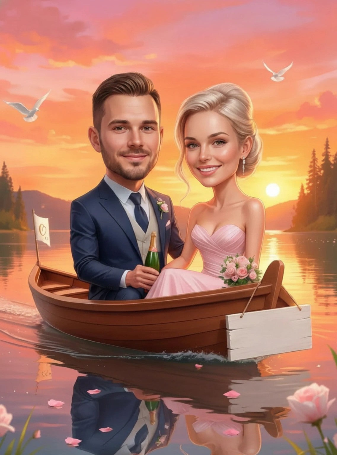 Romantyczna karykatura ślubna w łódce z personalizacją