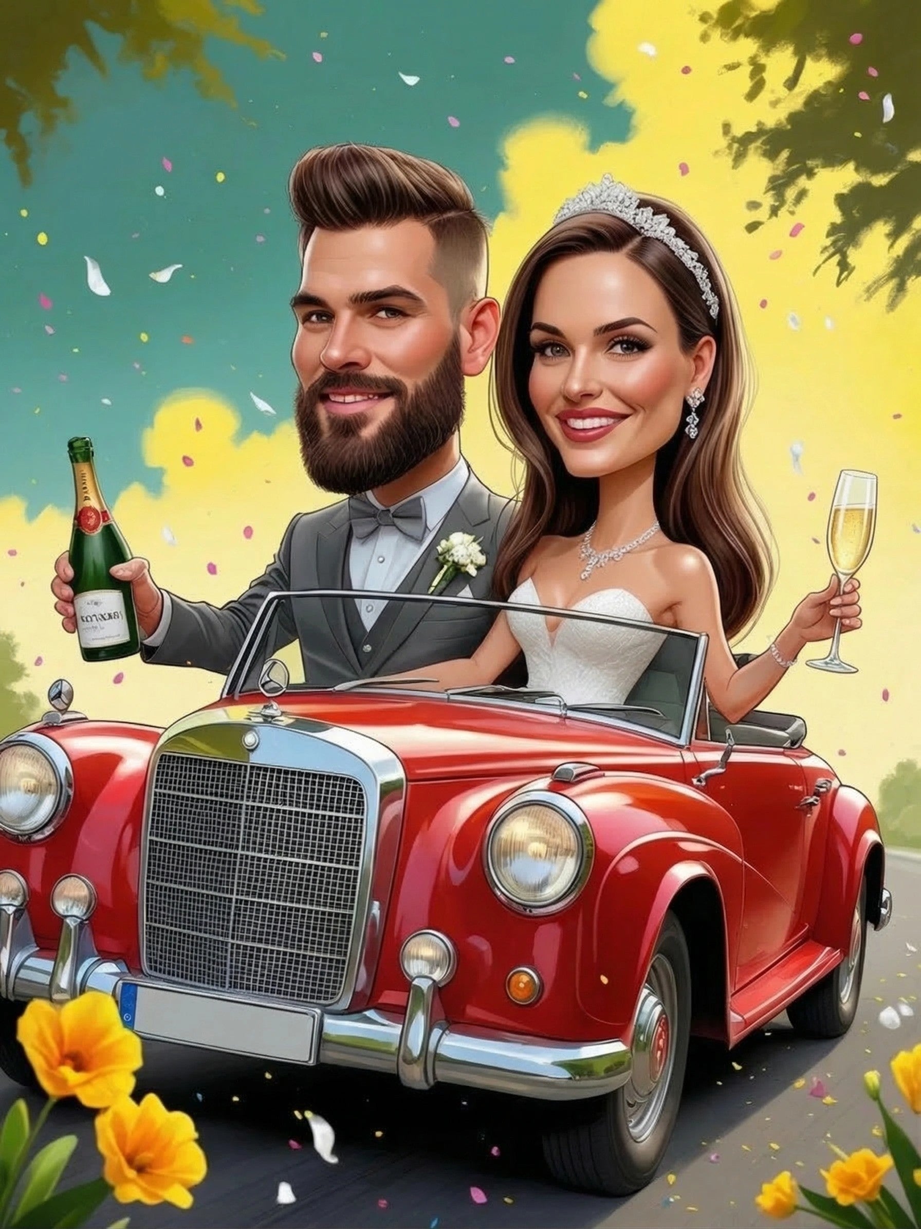 Karykatura ślubna w zabytkowym samochodzie personalizowana pamiątka