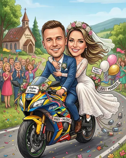 Karykatura ślubna na motocyklu personalizowany prezent na wesele