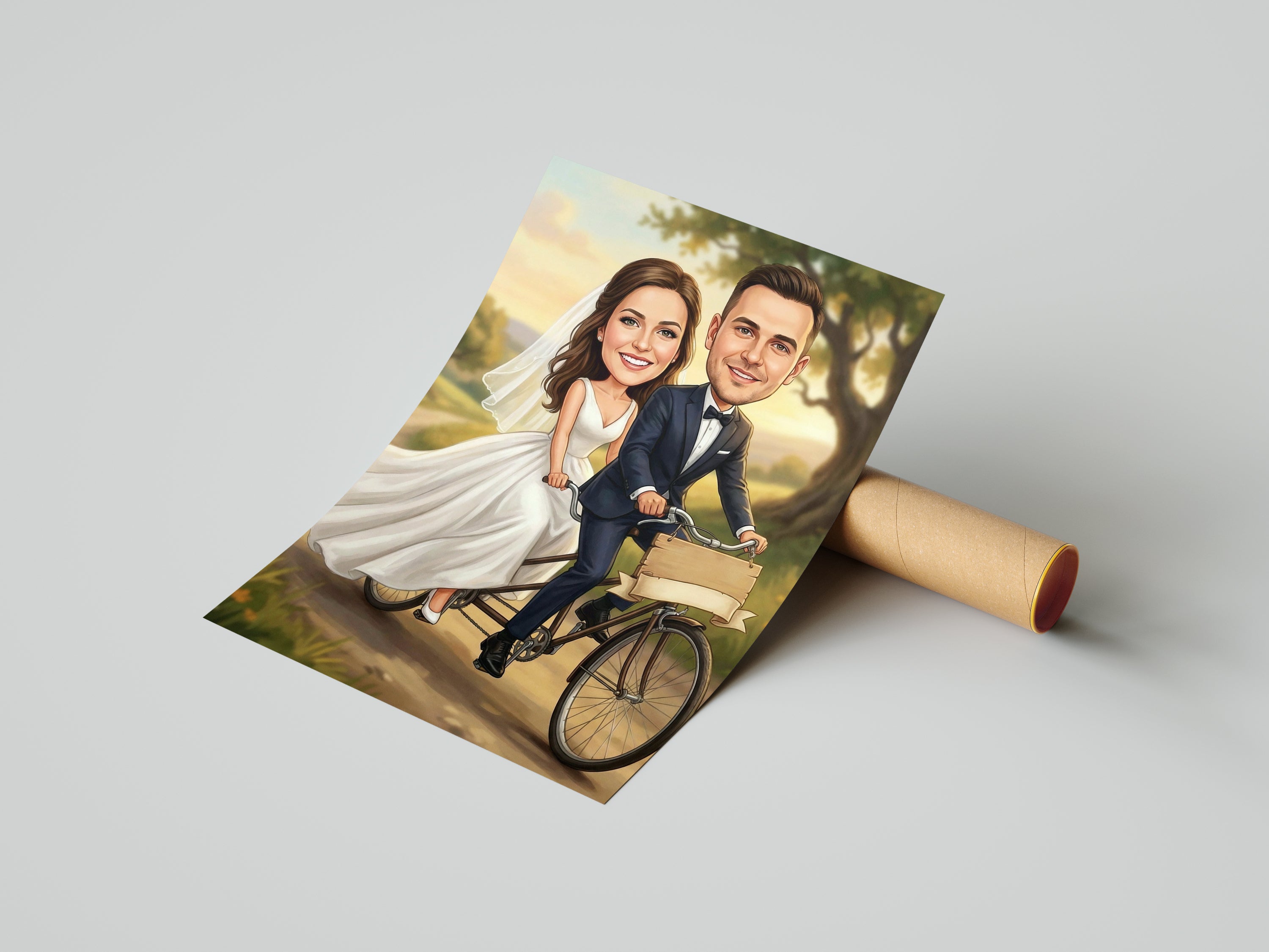 Personalized wedding caricature of smiling bride and groom on tandem bike