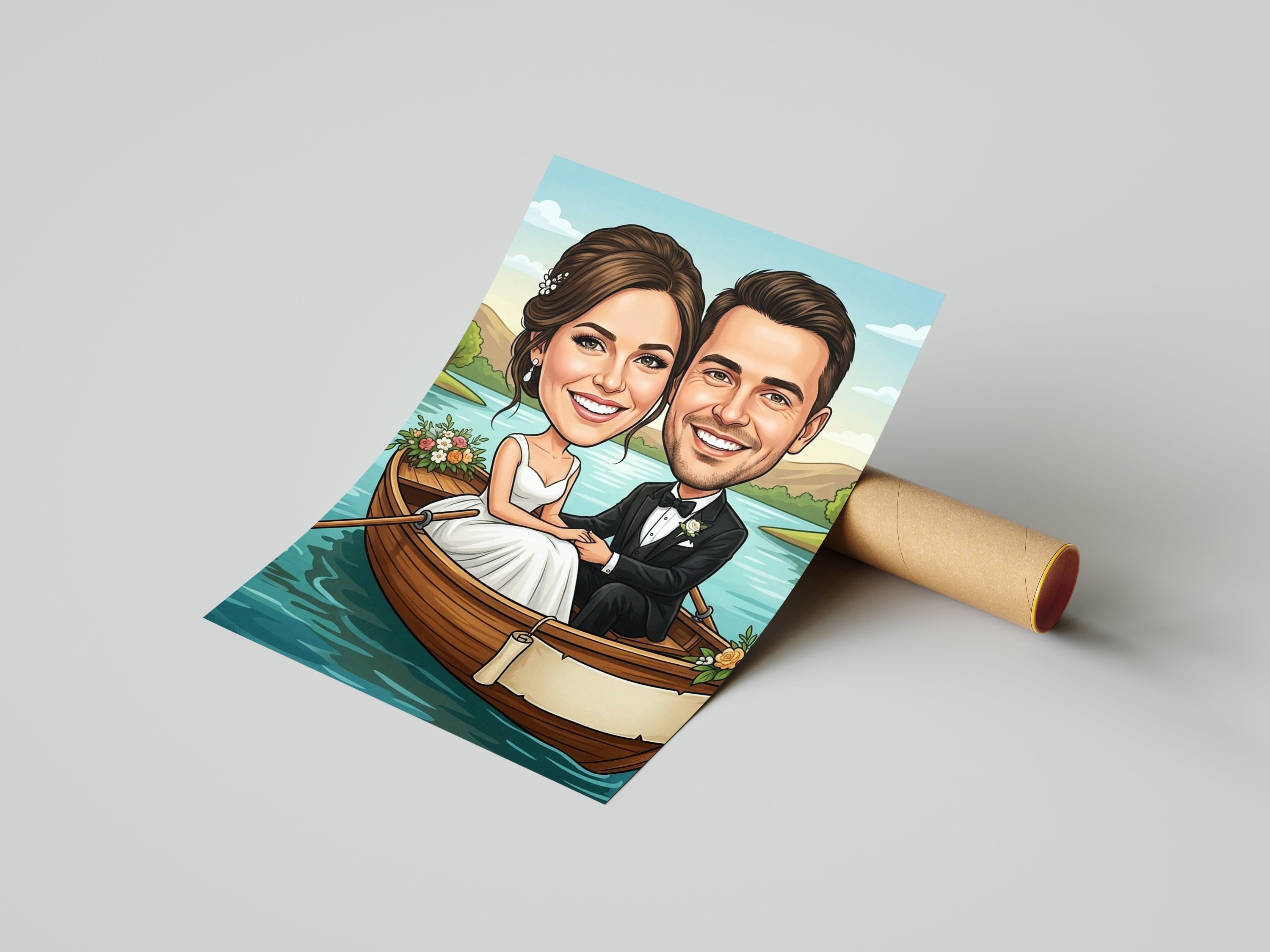 Personalizowana karykatura ślubna w łódce: smiling bride and groom