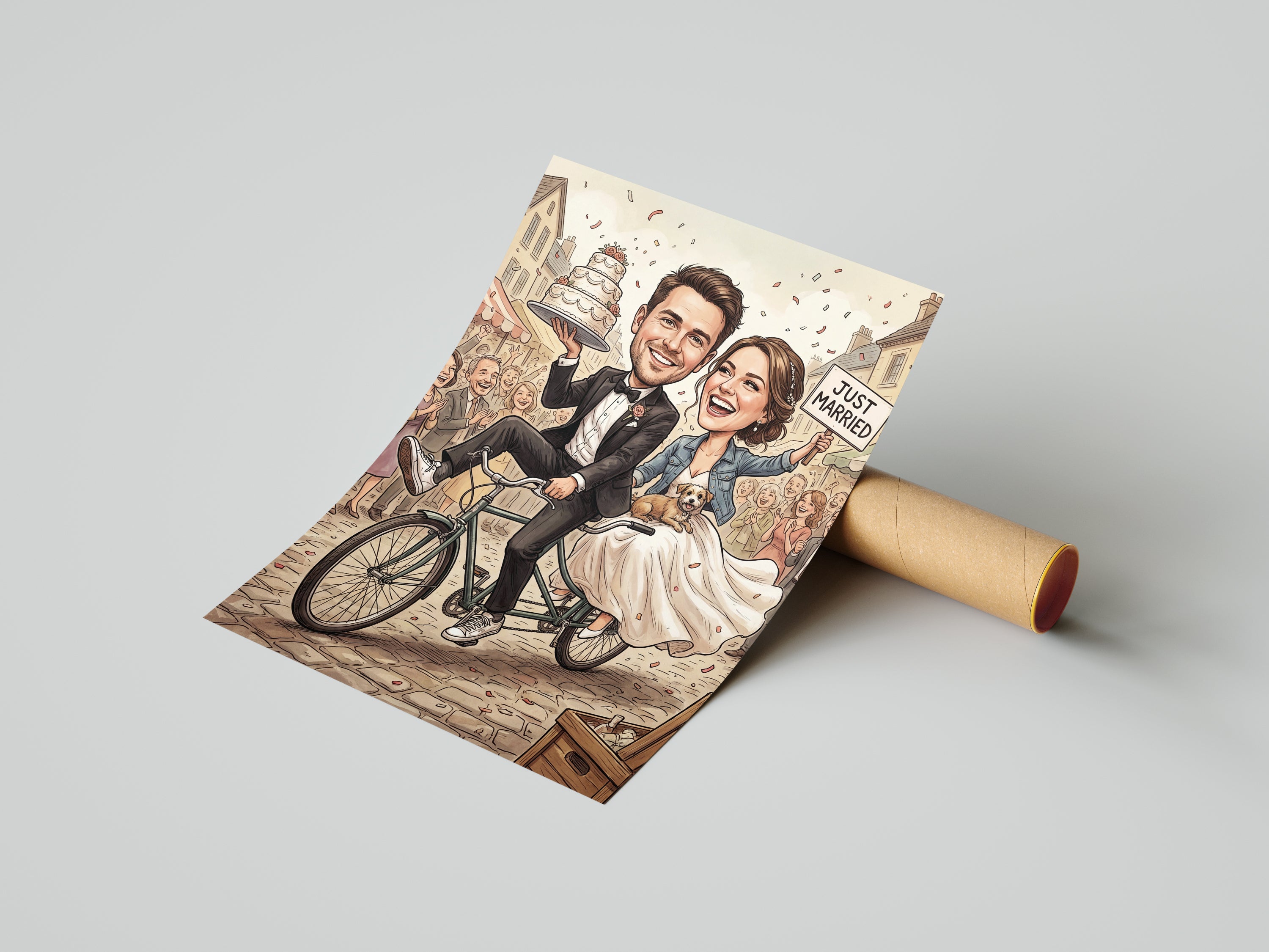 Personalized whimsical cartoon of smiling couple on tandem bike with wedding cake and just married sign