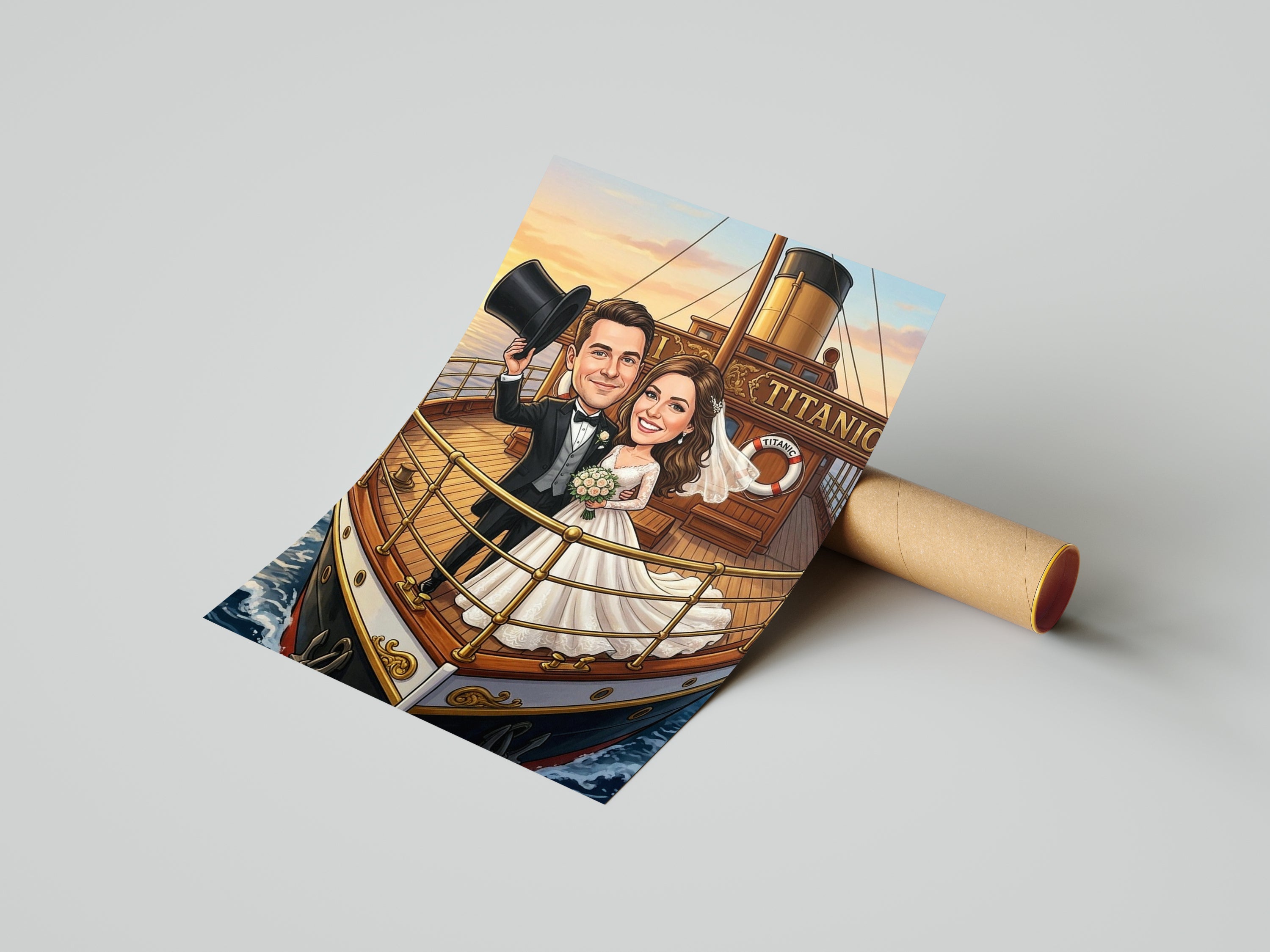 Colorful Titanic wedding caricature print, personalized couple gift