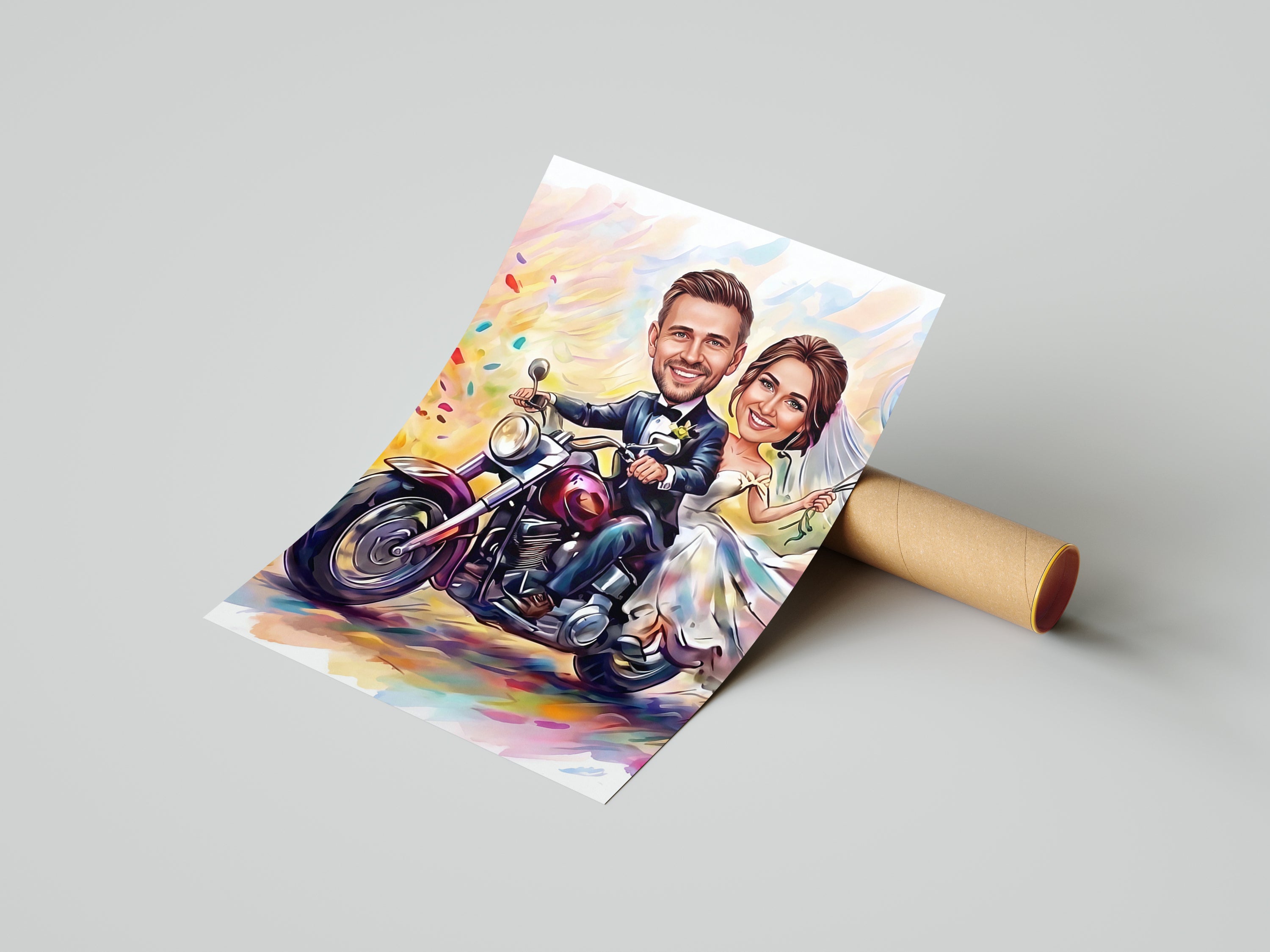Vibrant watercolor caricature of smiling bride and groom on motorcycle