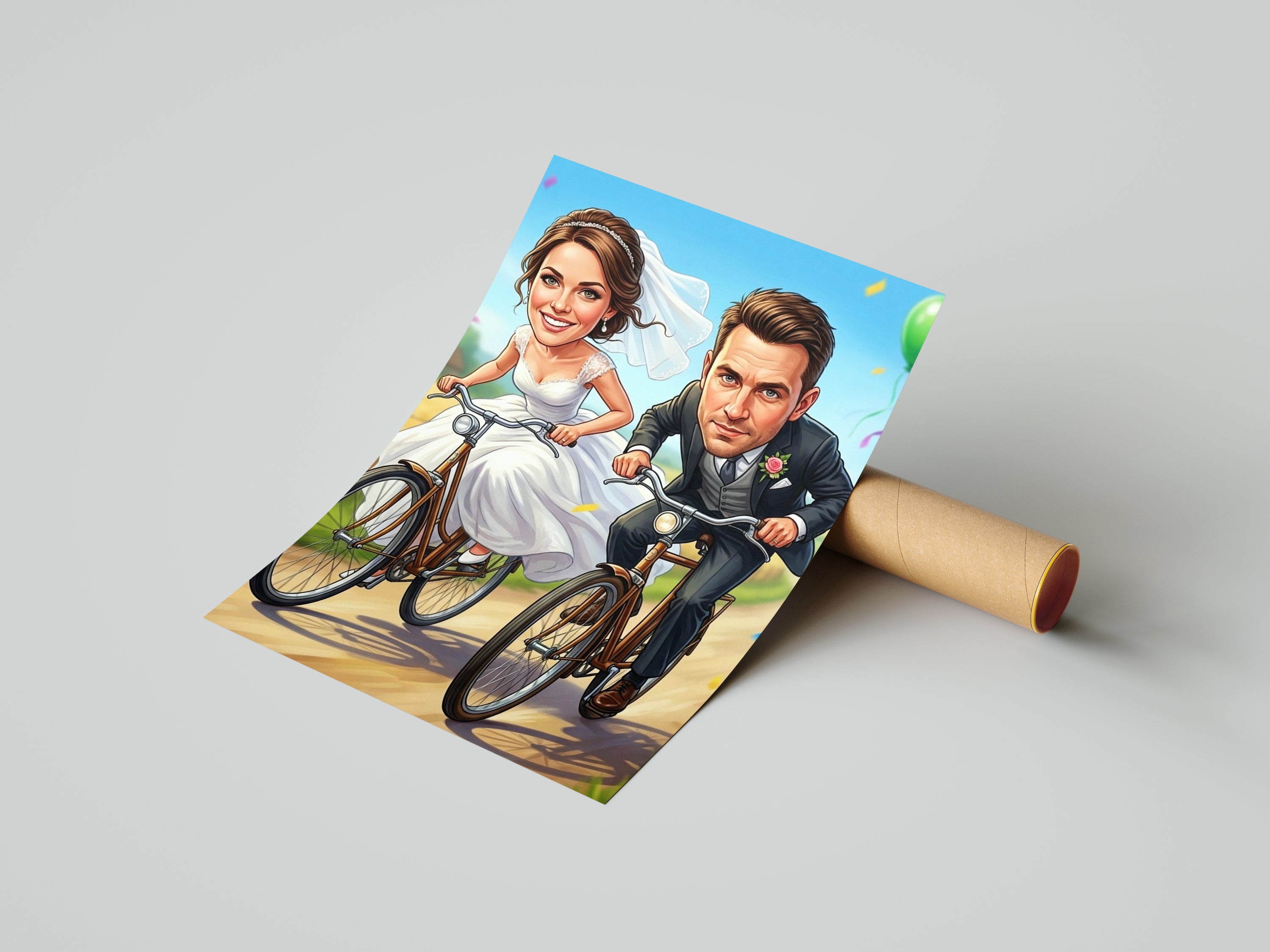 Colorful cartoon bride and groom on bikes, personalized wedding caricature print