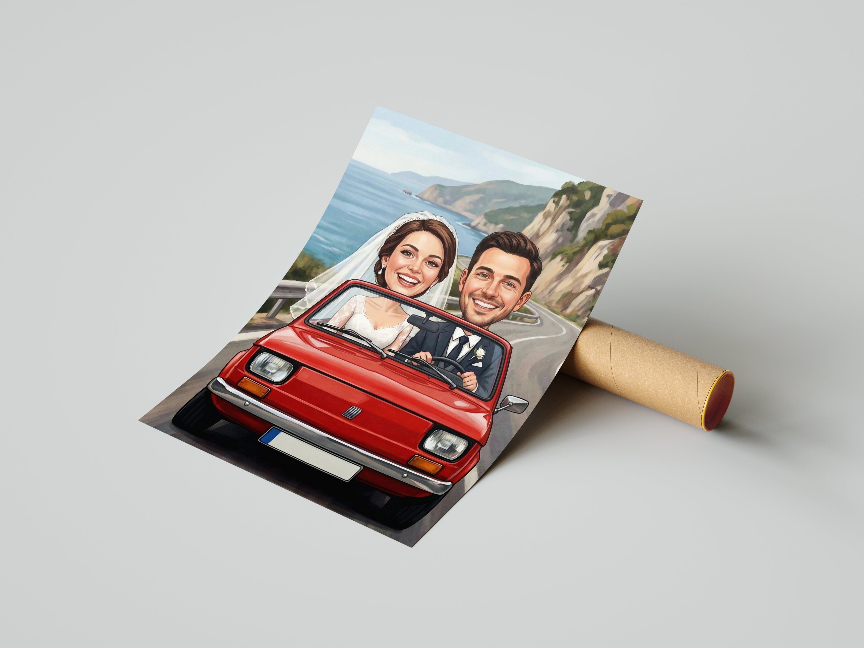 Vibrant red vintage Fiat 126p canvas with smiling bride groom caricature