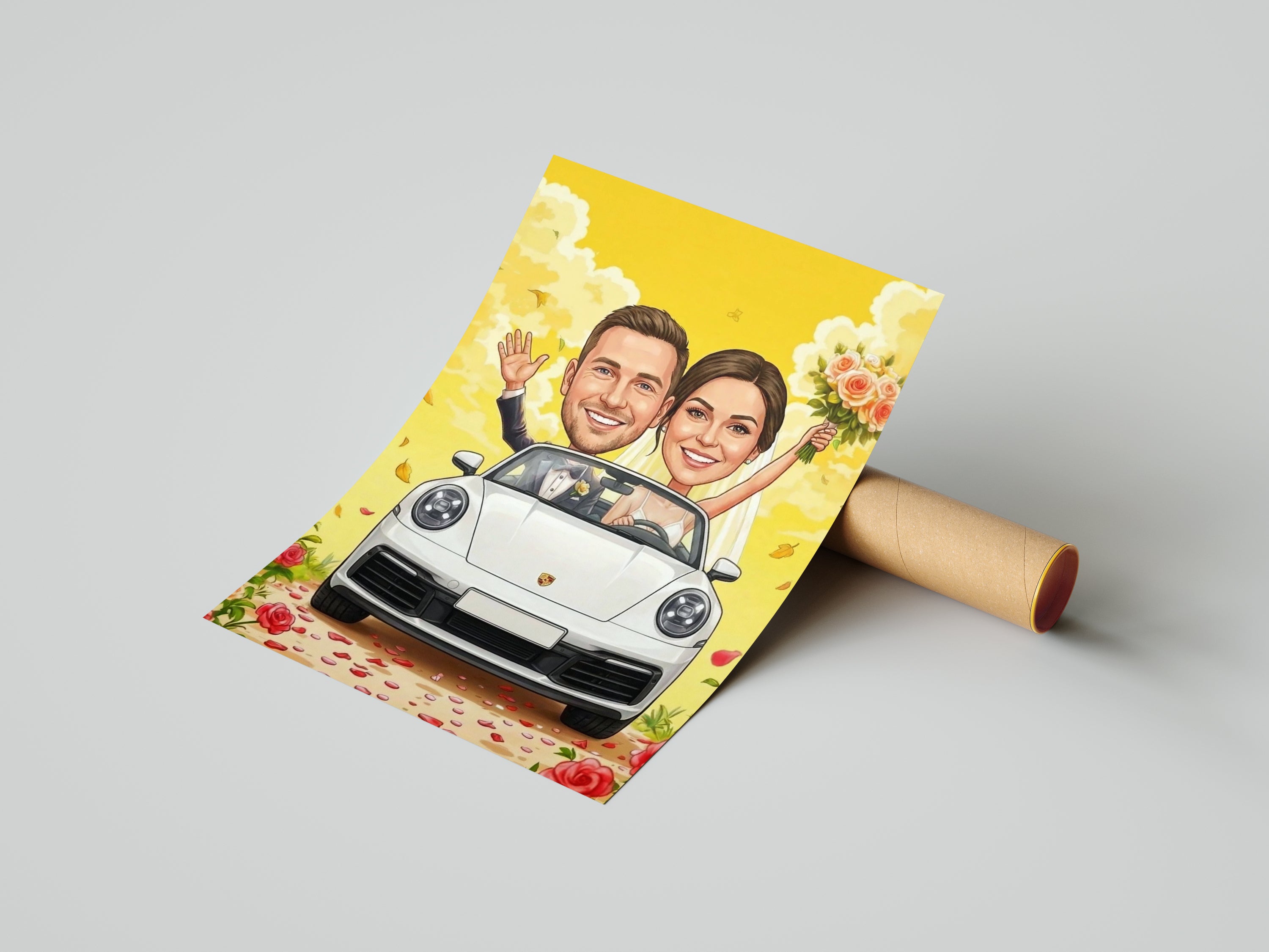 White cartoon caricature of wedding couple in Porsche convertible on yellow floral background