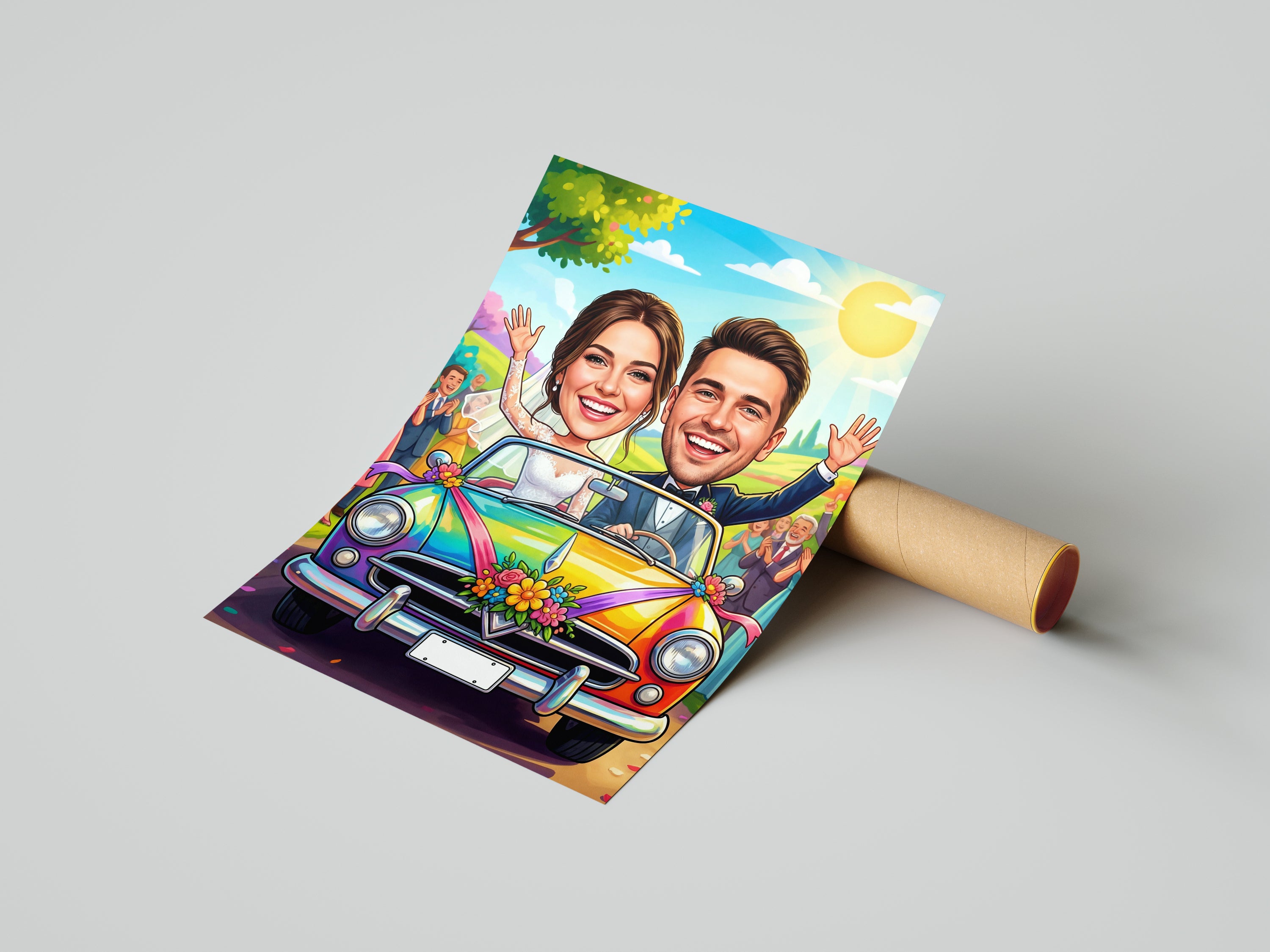 Vibrant colorful wedding caricature print of smiling couple in floral convertible