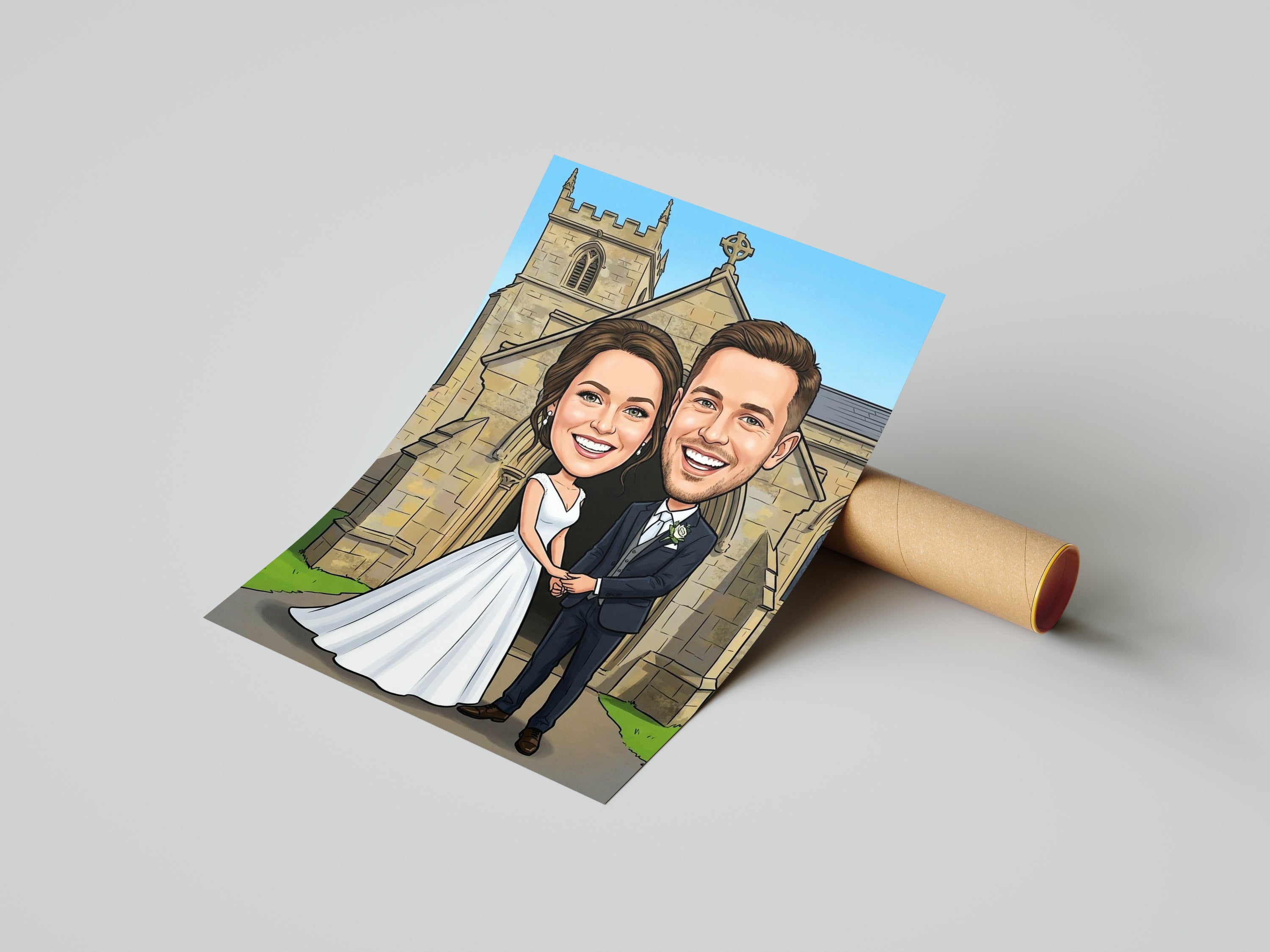 Personalizowana Karykatura Ślubna colorful bride and groom cartoon before church