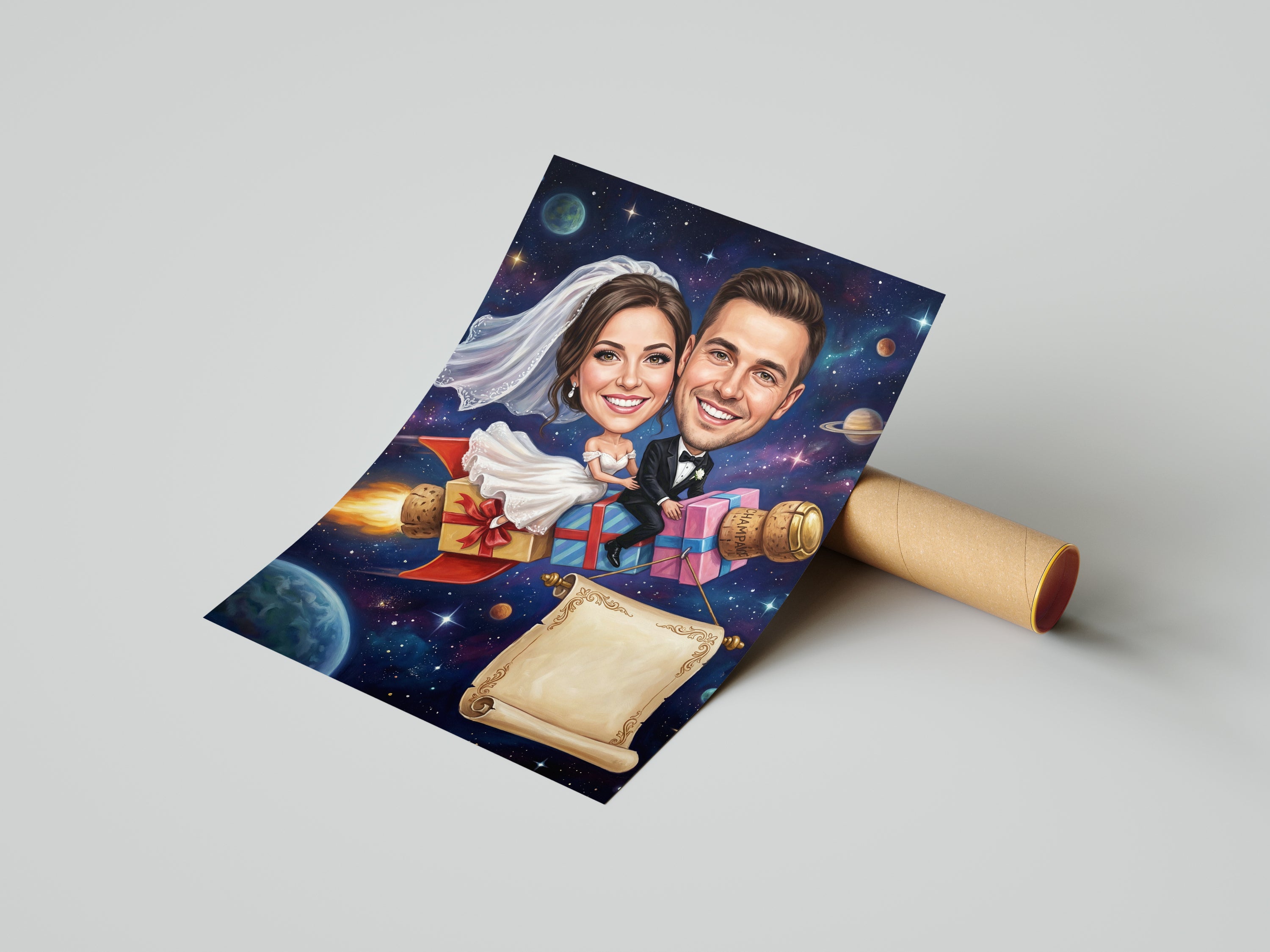 Personalized cosmic wedding caricature print of bride and groom in space