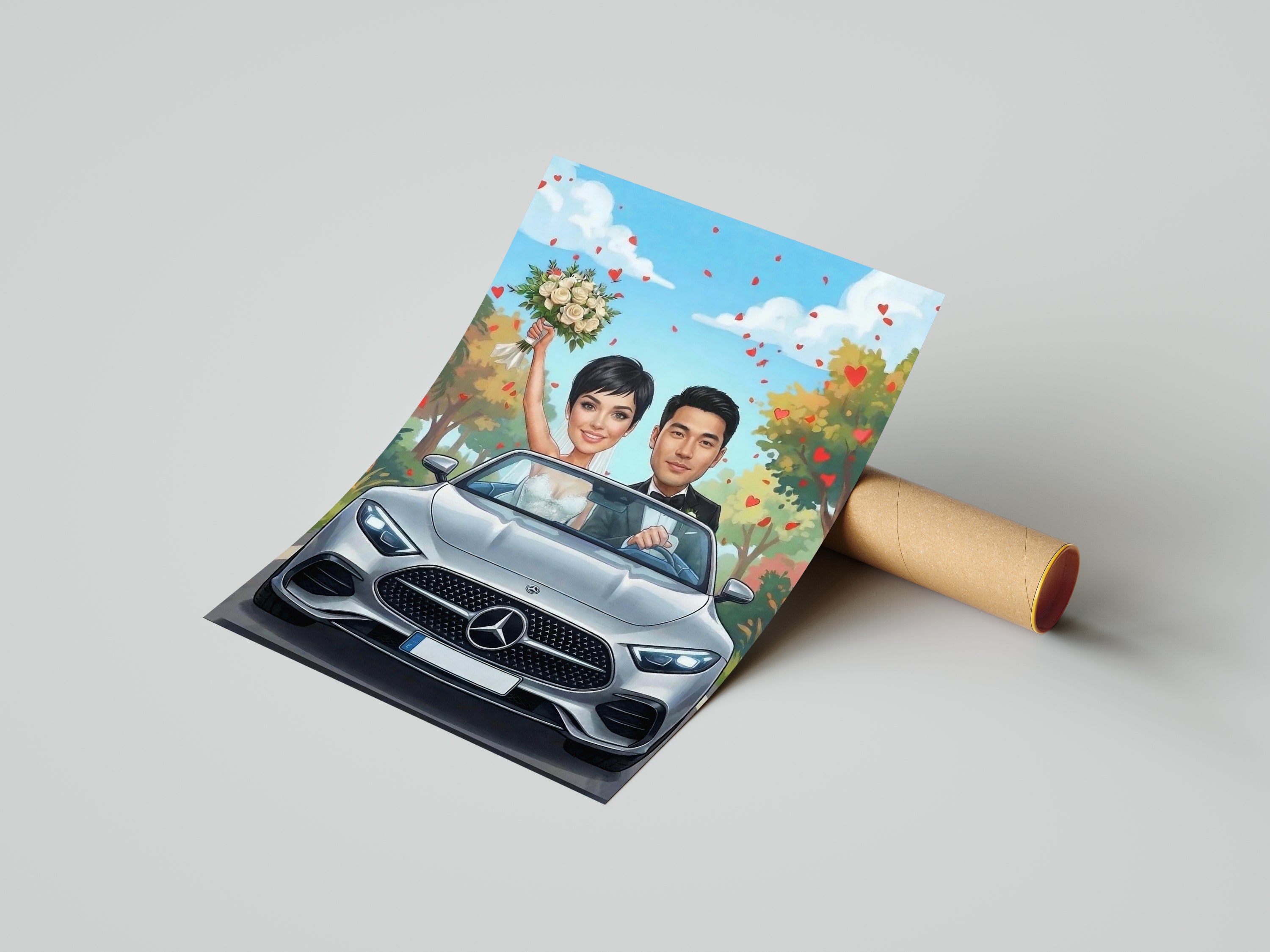 Personalized wedding caricature poster of silver Mercedes-Benz convertible for bride and groom
