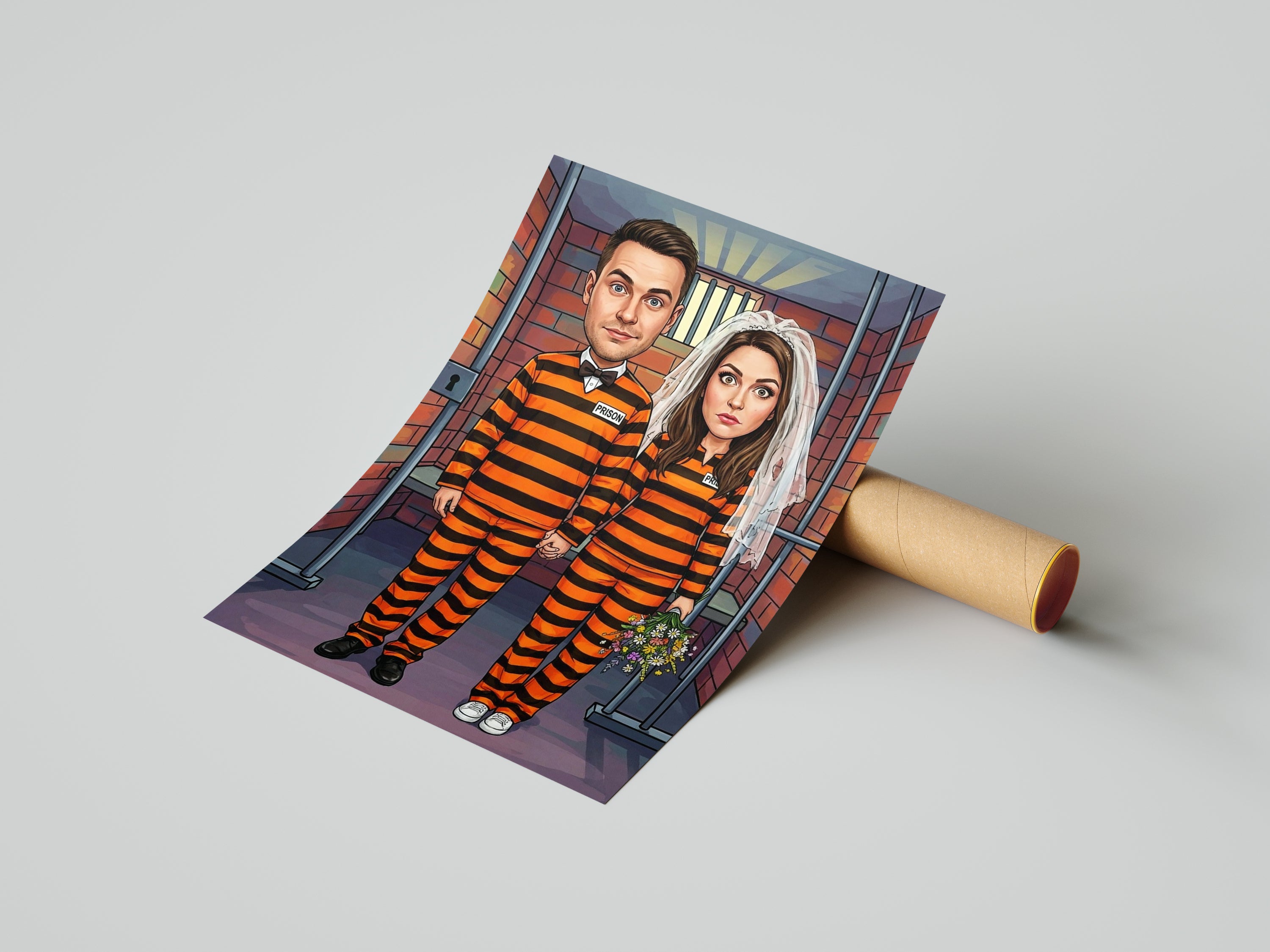 Orange black striped cartoon prison couple caricature print