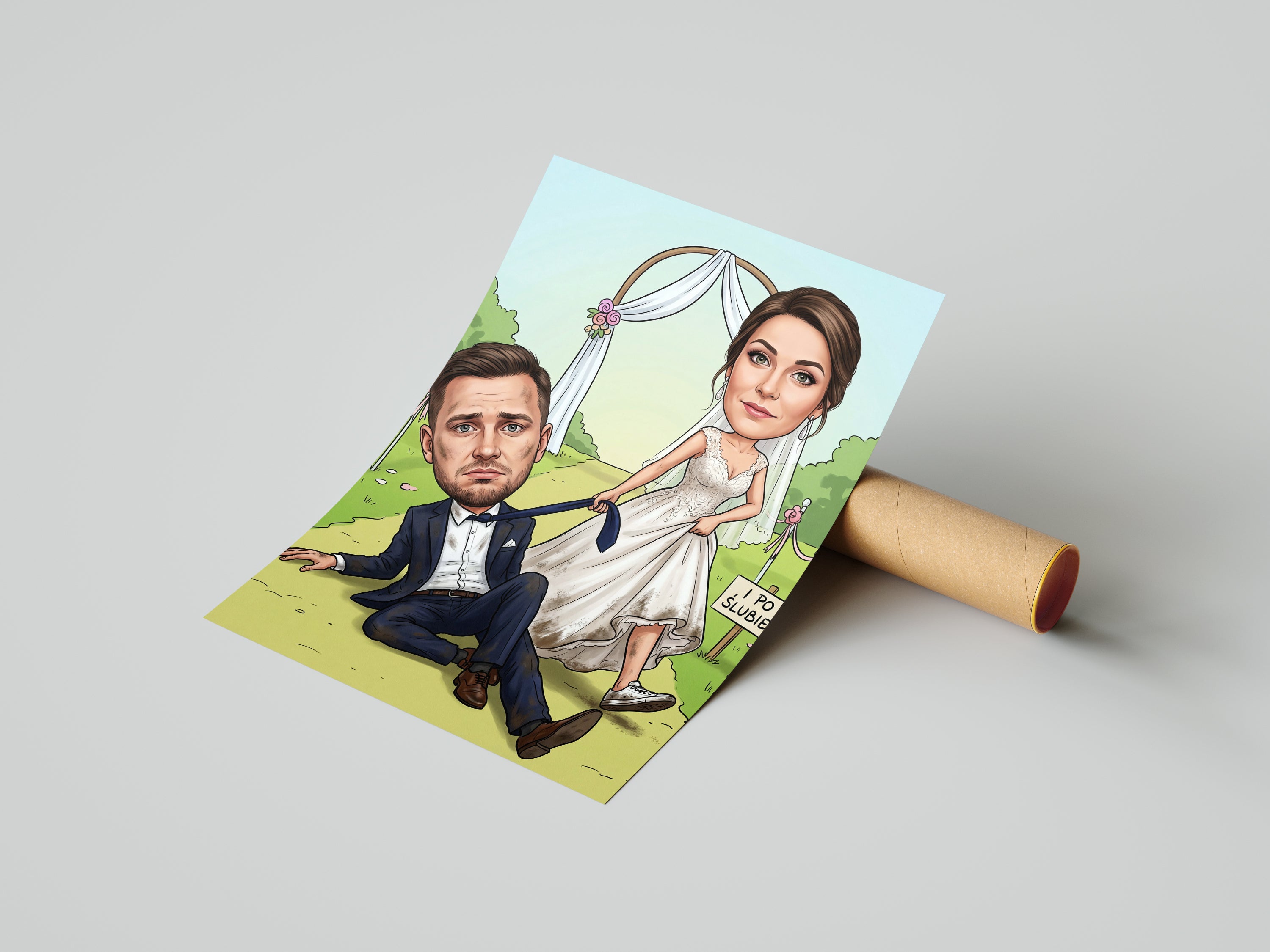 Colorful personalized wedding caricature print of bride and groom