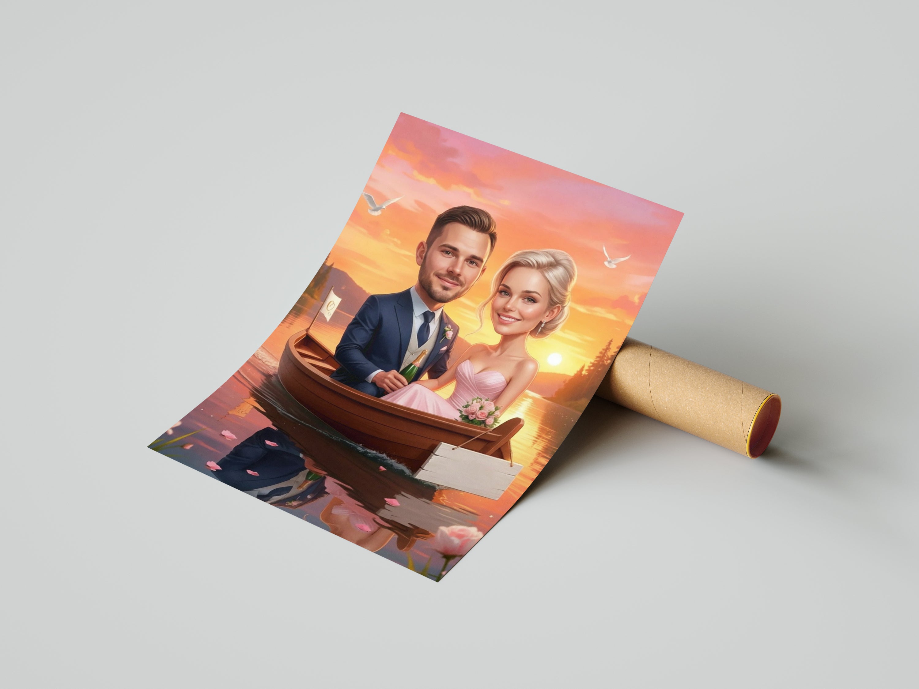 Personalized romantic cartoon wedding caricature in boat at sunset