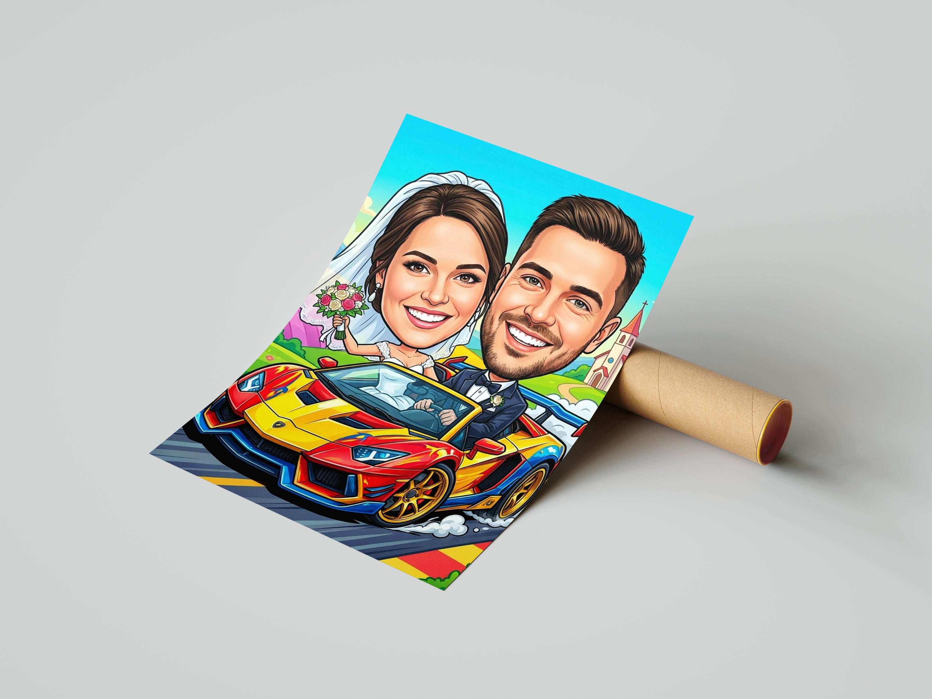 Vibrant cartoon caricature of smiling bride and groom in yellow red sports car print