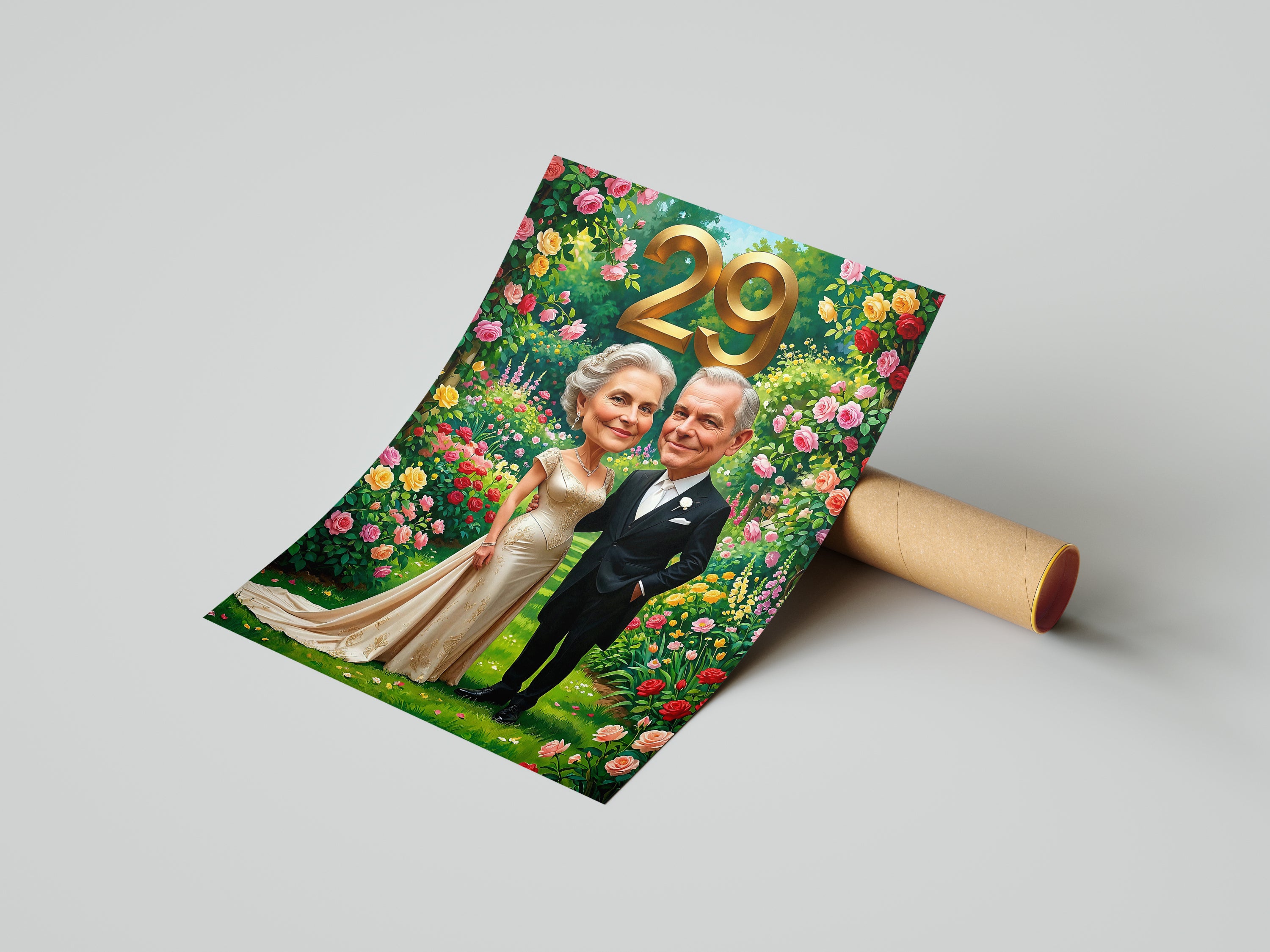 Personalized 29th wedding anniversary caricature poster for parents in garden