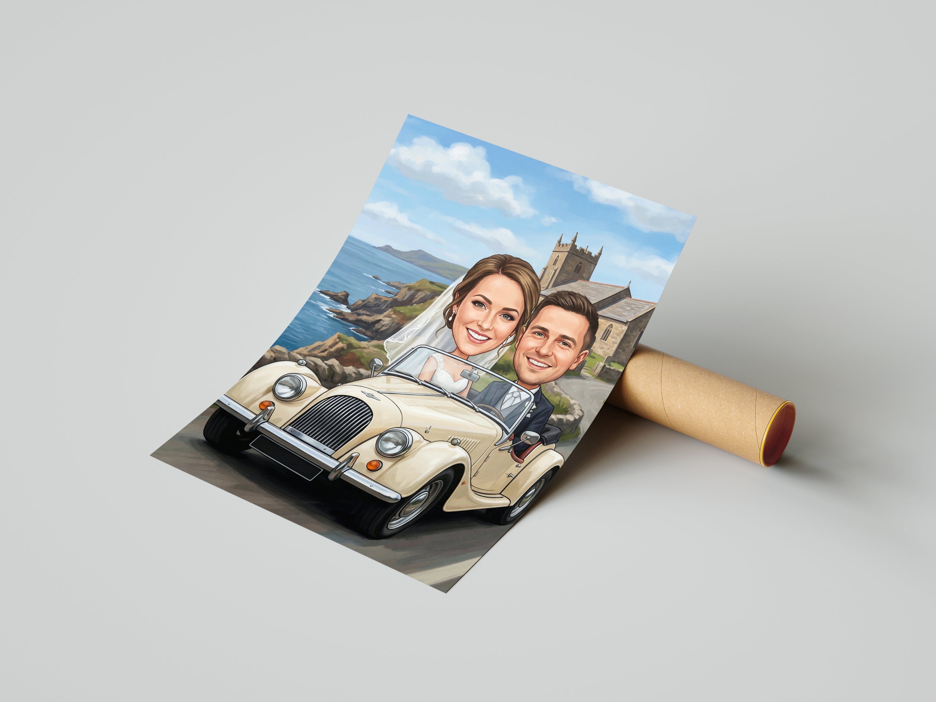 Beige vintage convertible car with bride groom caricature illustration