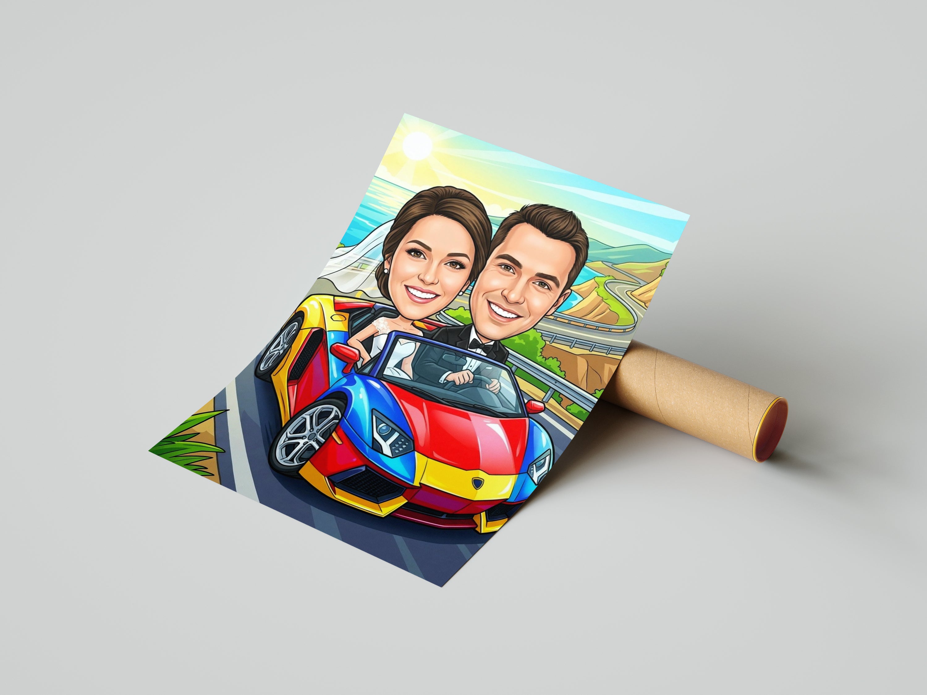 Vibrant cartoon wedding caricature of smiling couple in red blue sports car