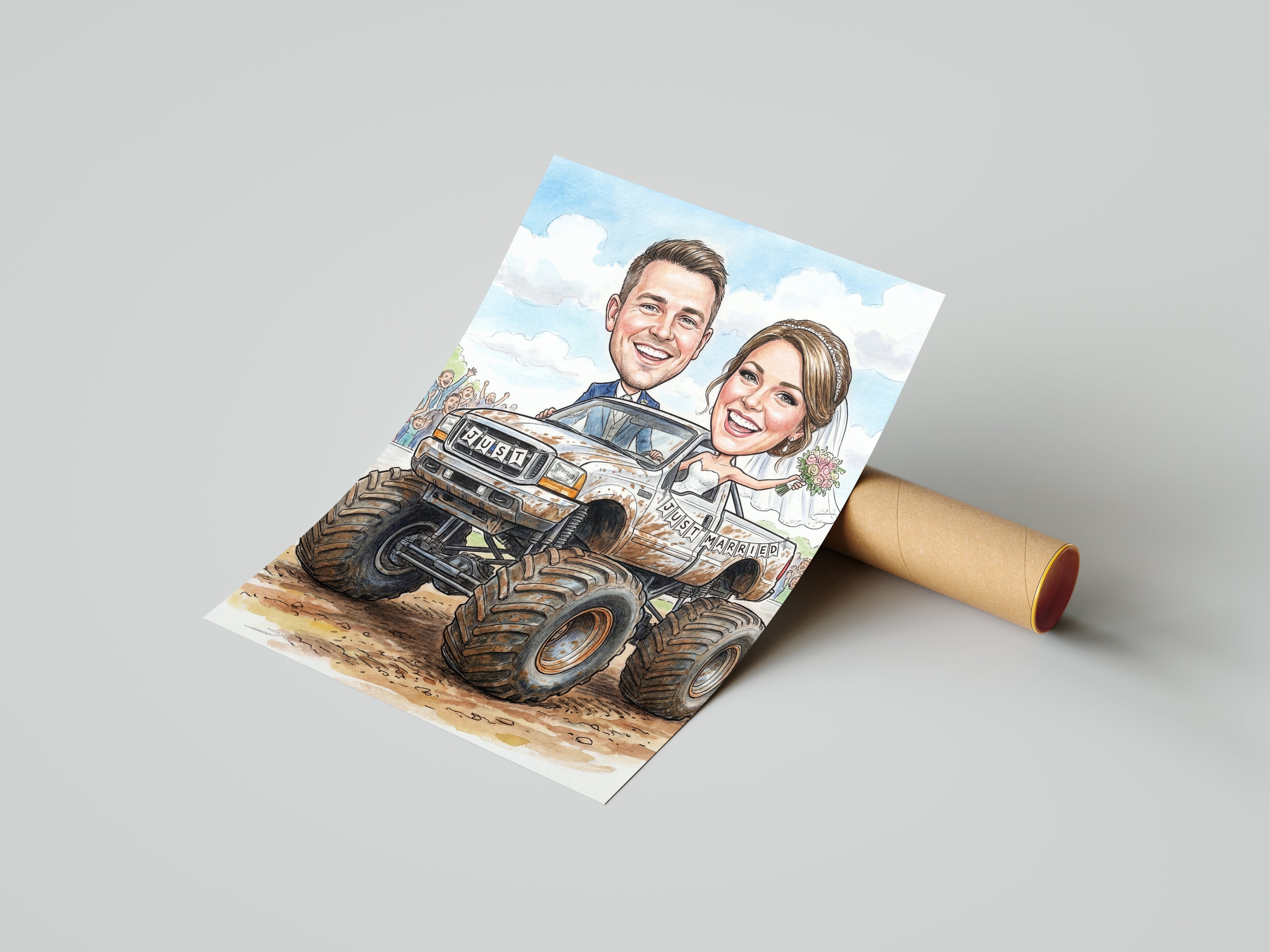 Colorful caricature of smiling wedding couple on mud-splattered monster truck print