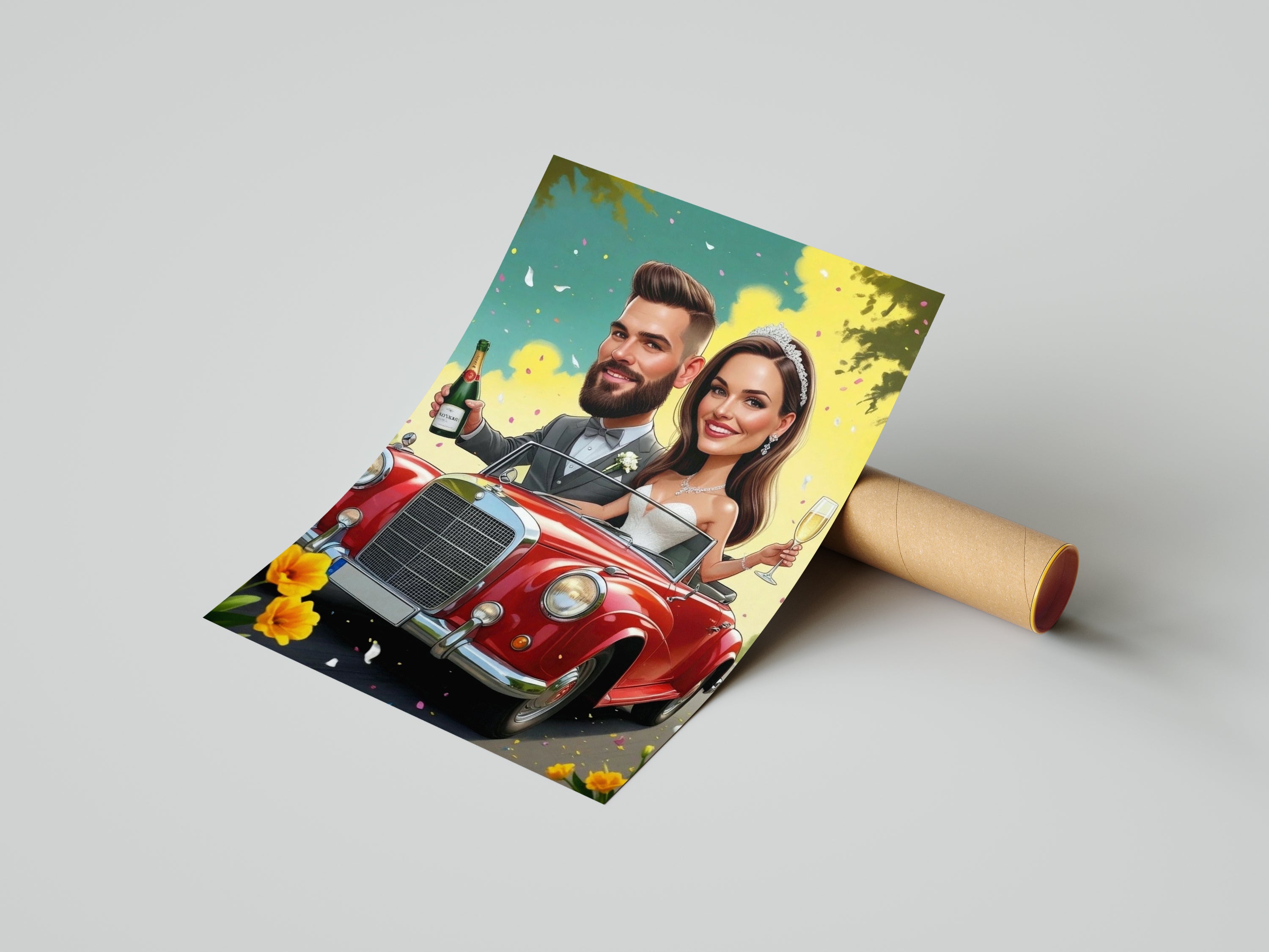 Personalized wedding caricature print of smiling couple in classic red convertible