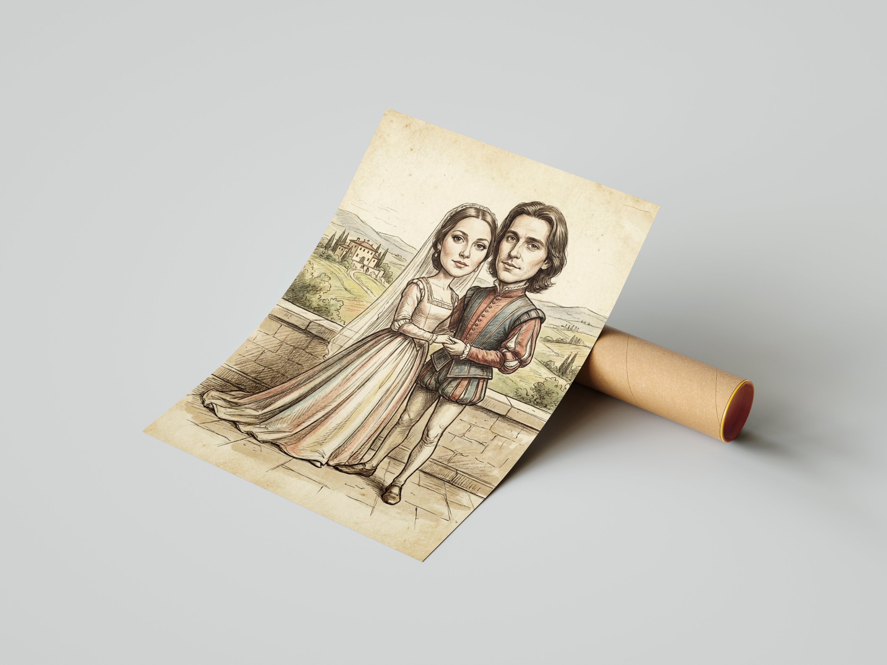Vintage sepia caricature of wedding couple with personalized names and date