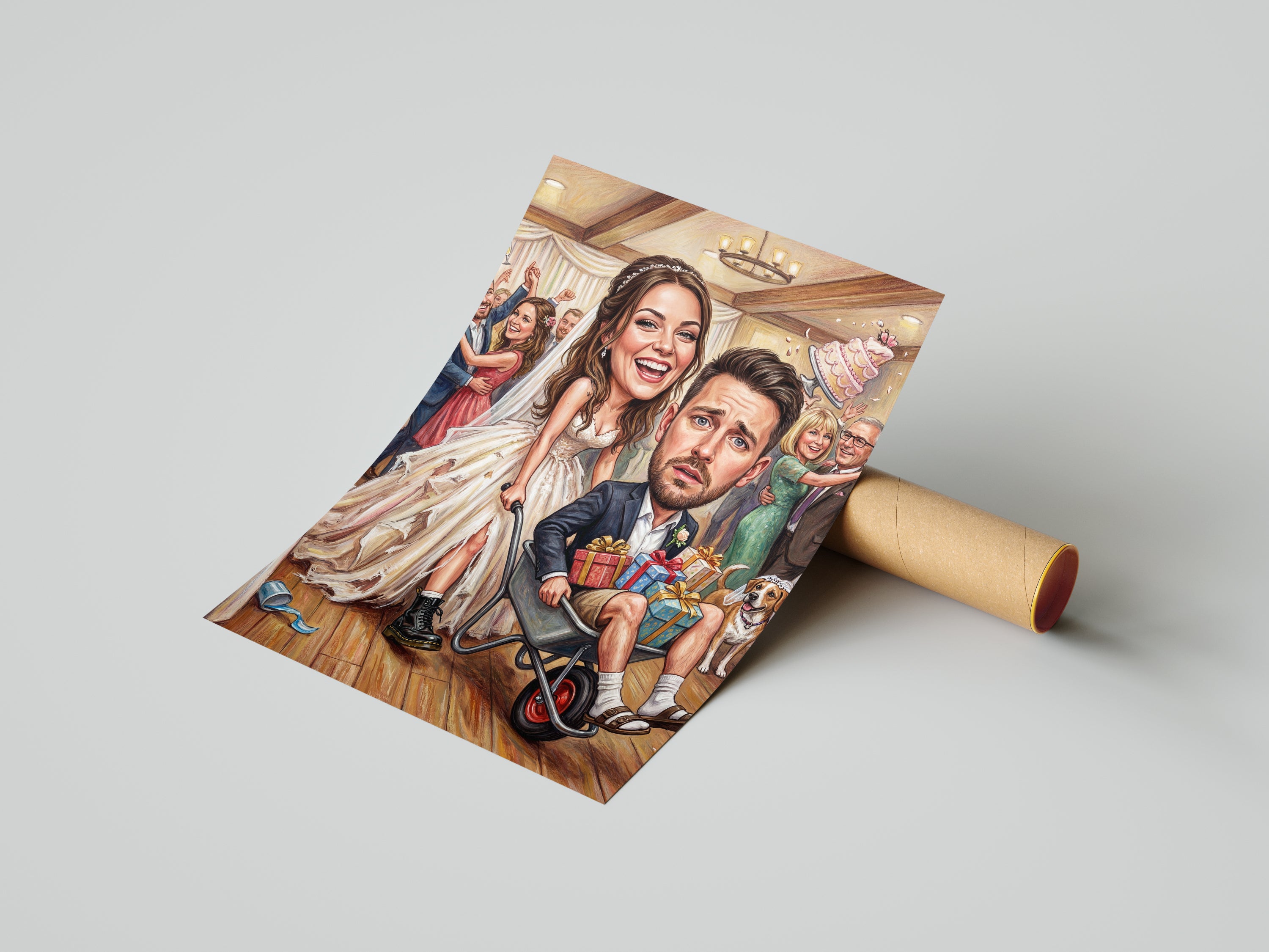 Personalized Polish wedding caricature print of bride and groom on tricycle with gifts, dog, guests