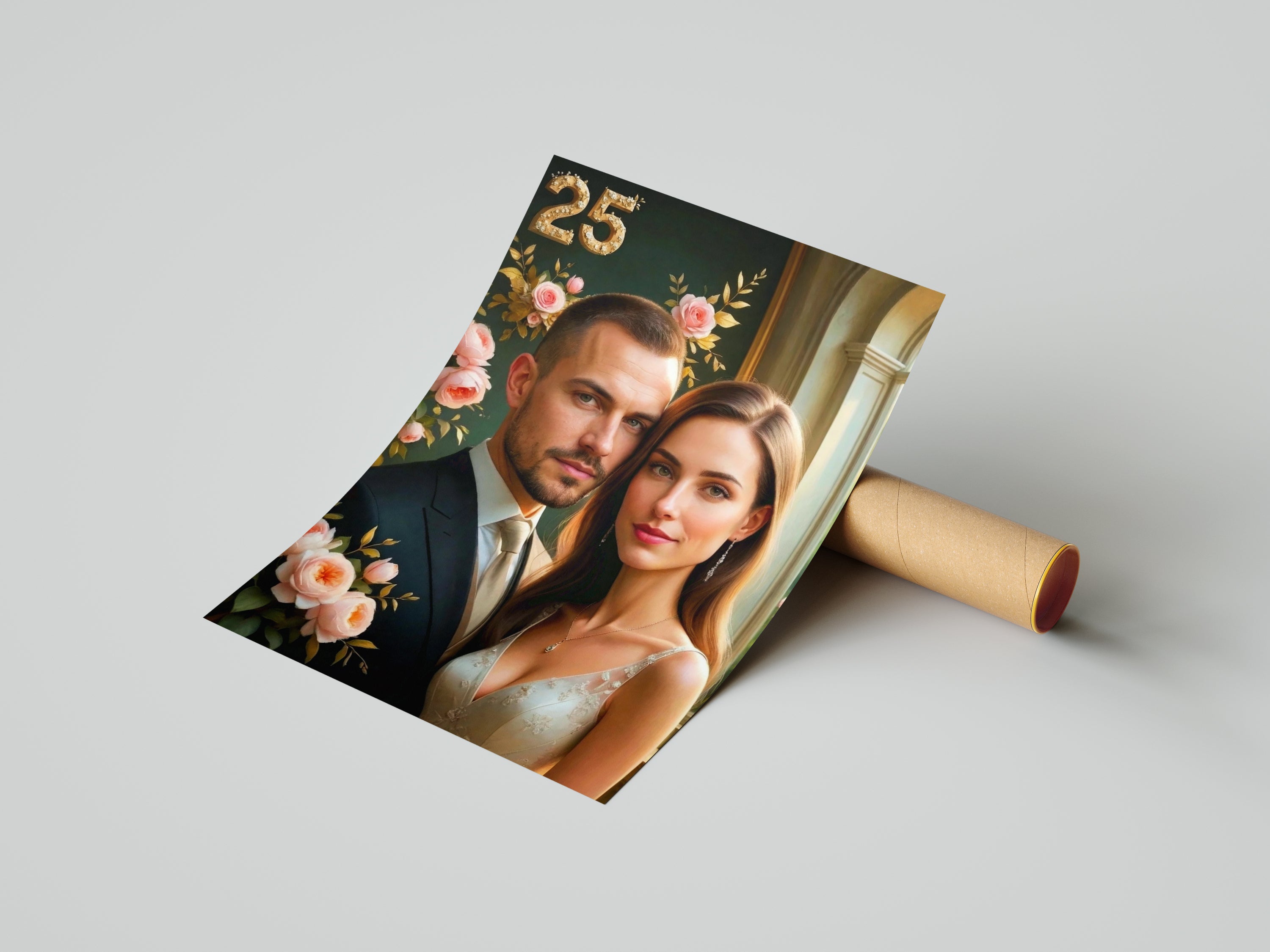 Framed elegant wedding caricature portrait of couple with pink roses and gold 25 numerals