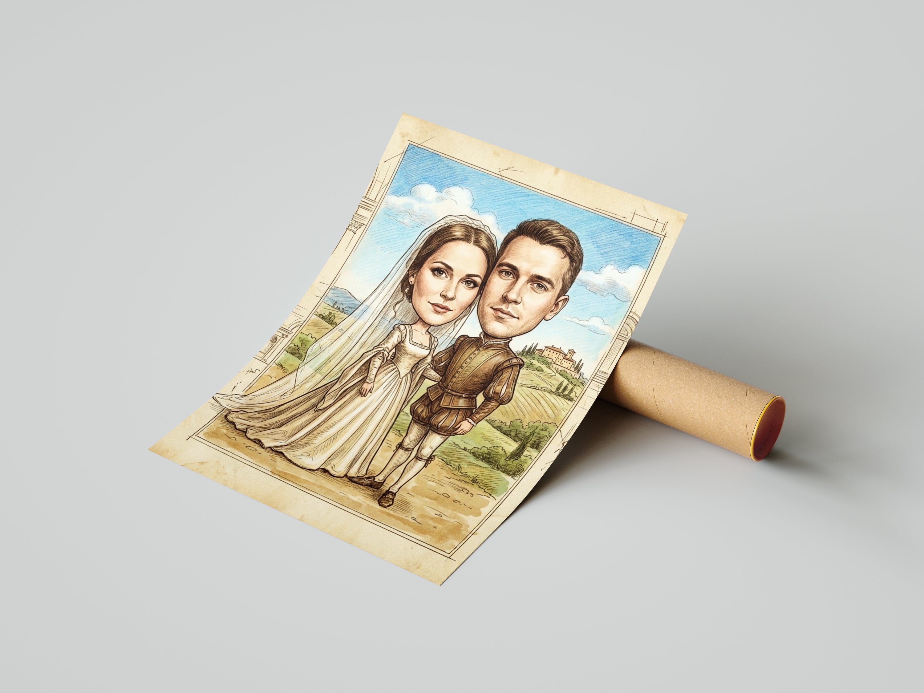 Vintage retro wedding caricature print for bride and groom, personalized gift