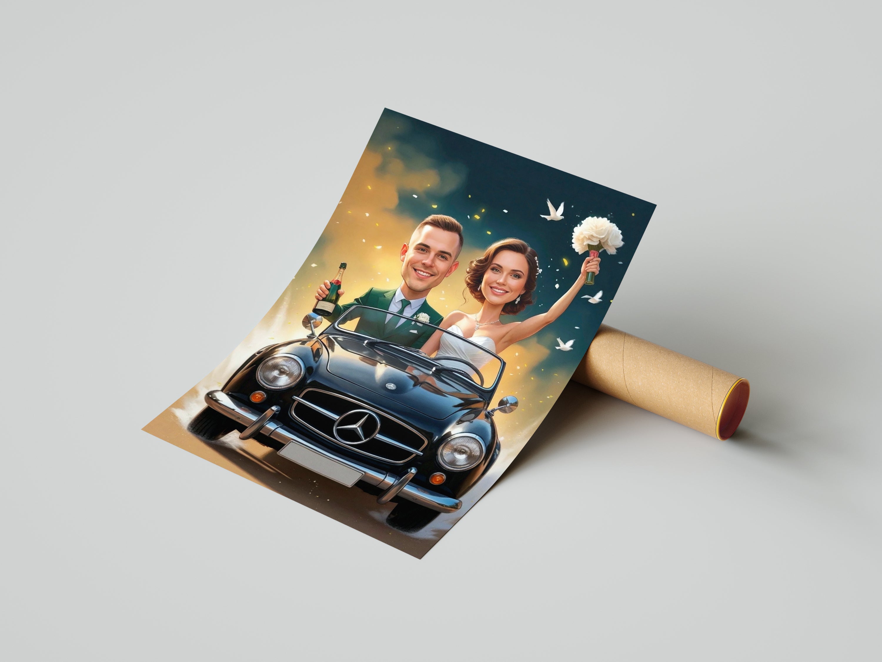 Glossy black Mercedes-Benz convertible wedding caricature with smiling couple, champagne, bouquet, doves