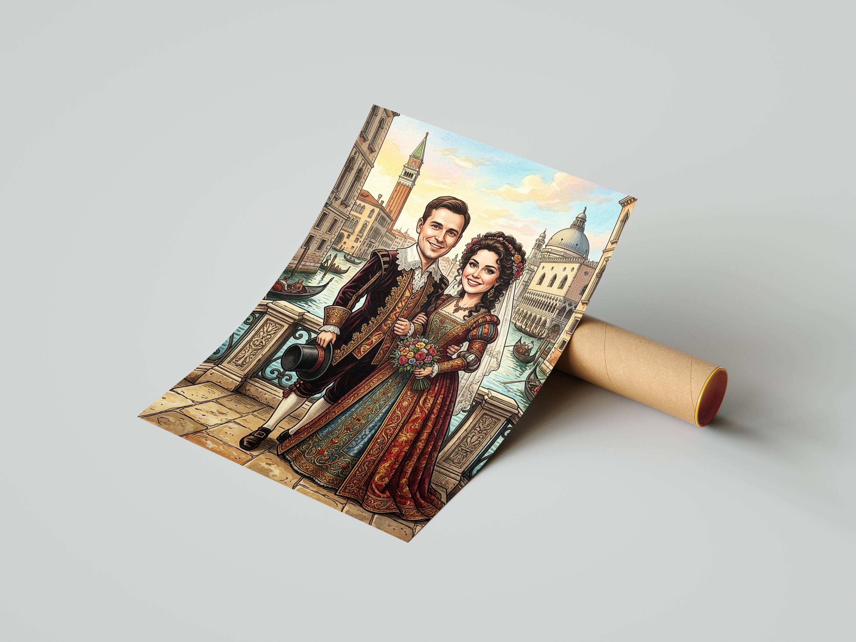 Vibrant Venetian wedding caricature portrait of couple on bridge, personalized print