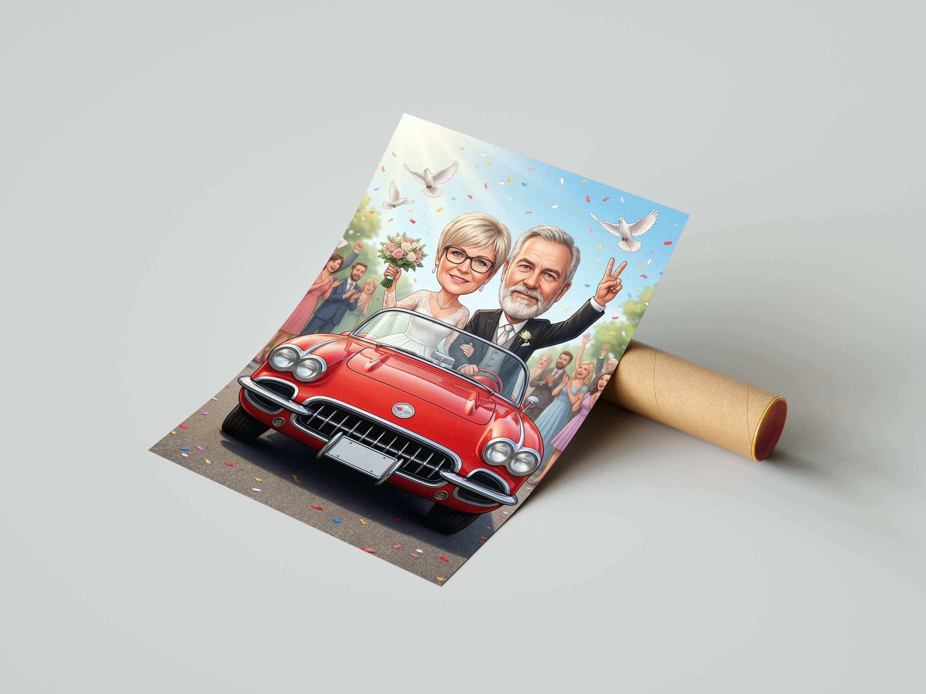 Cartoonish red convertible car in personalized wedding anniversary caricature