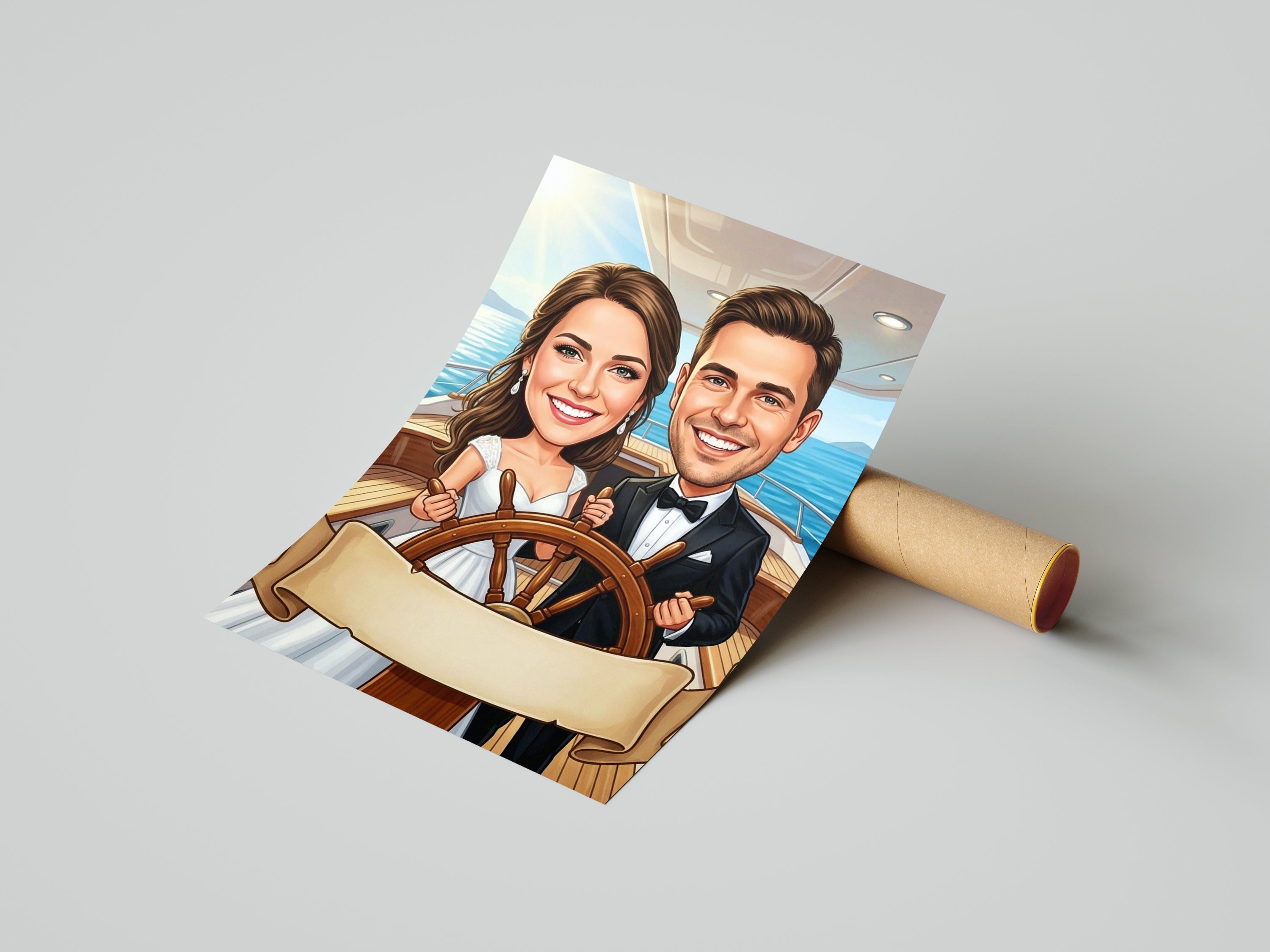 Personalized wedding caricature print of smiling couple on yacht