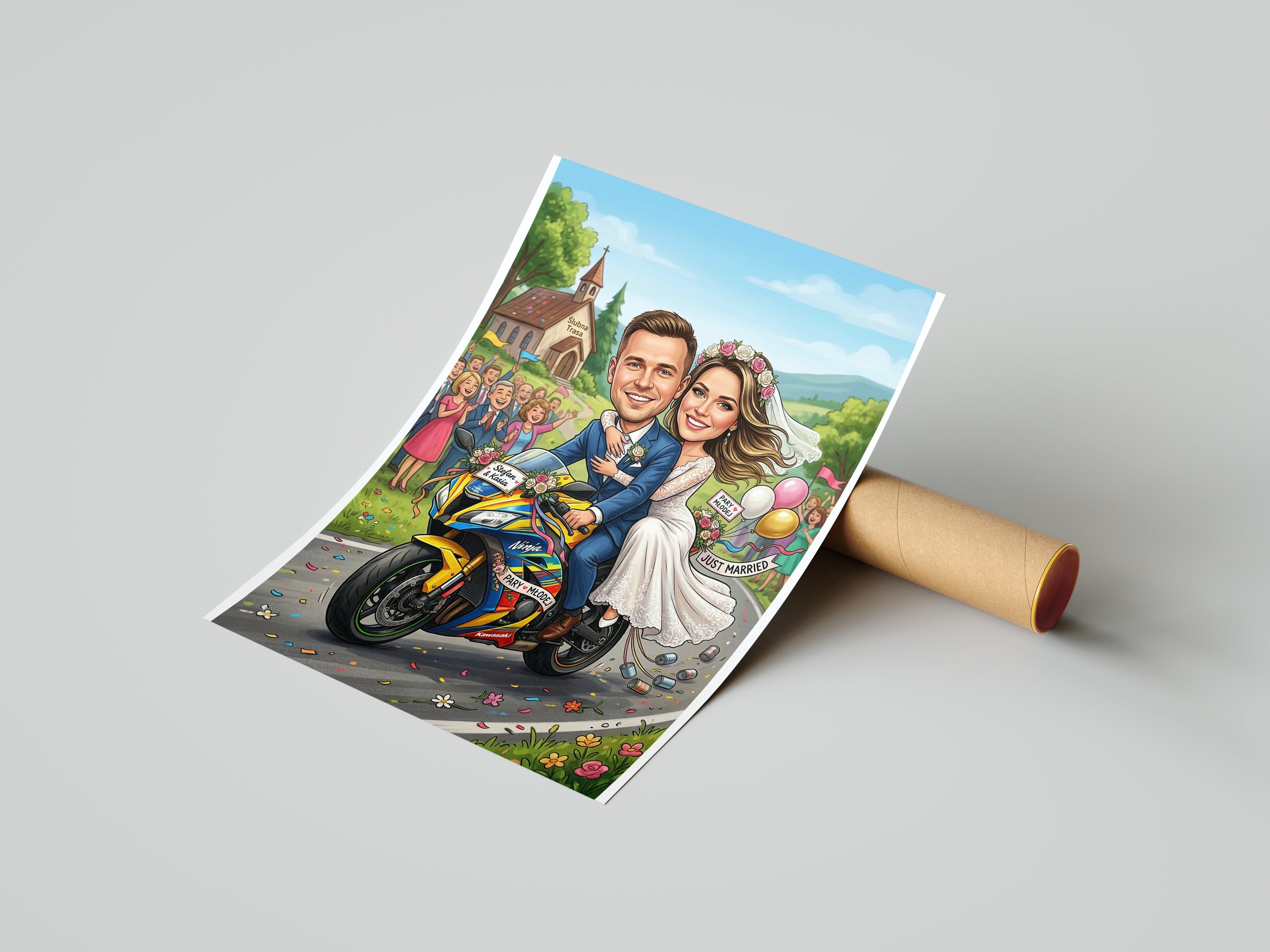 Vibrant cartoon wedding caricature of couple on motorcycle with confetti