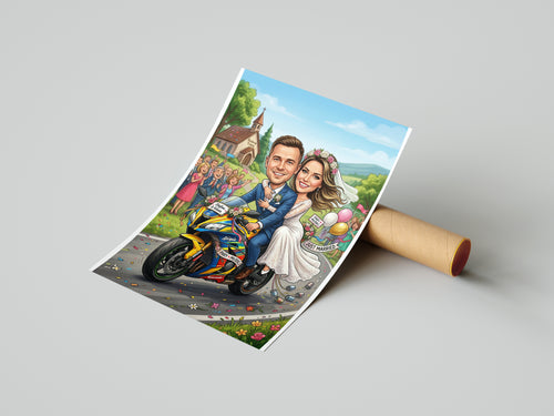 Vibrant cartoon wedding caricature of couple on motorcycle with confetti