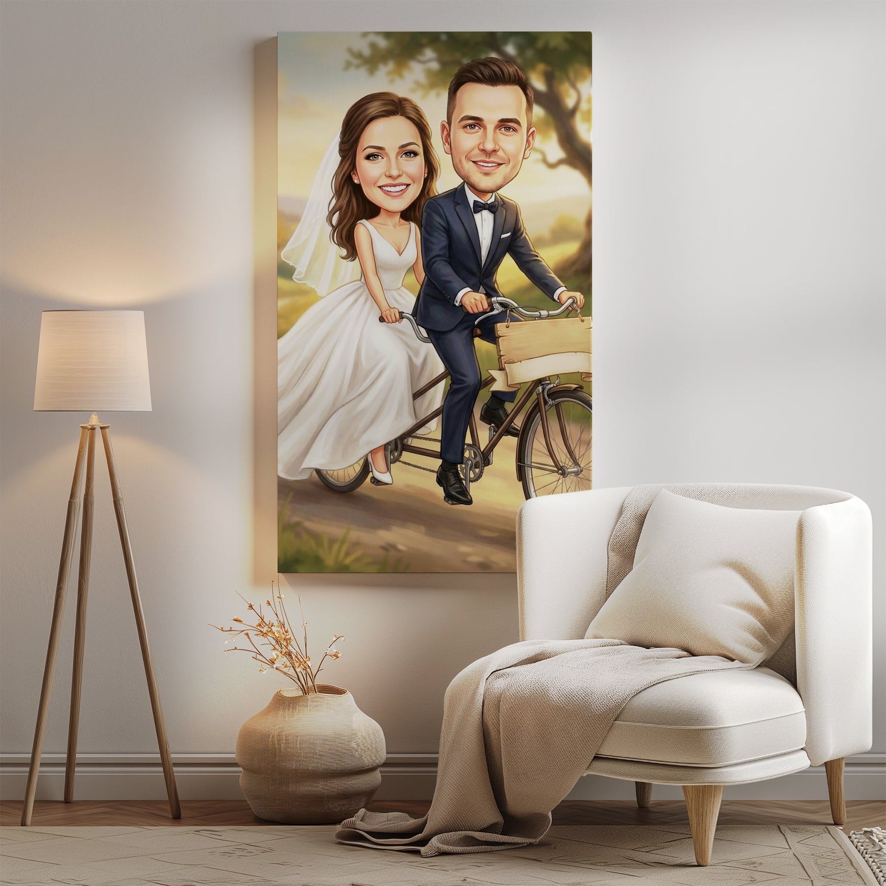 Personalized wedding caricature of smiling bride and groom on tandem bike canvas