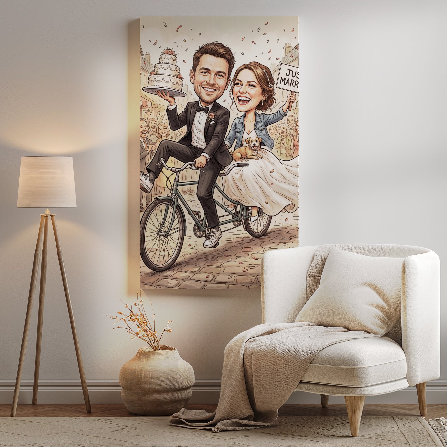 Smiling couple on tandem bike caricature with wedding cake and just married sign