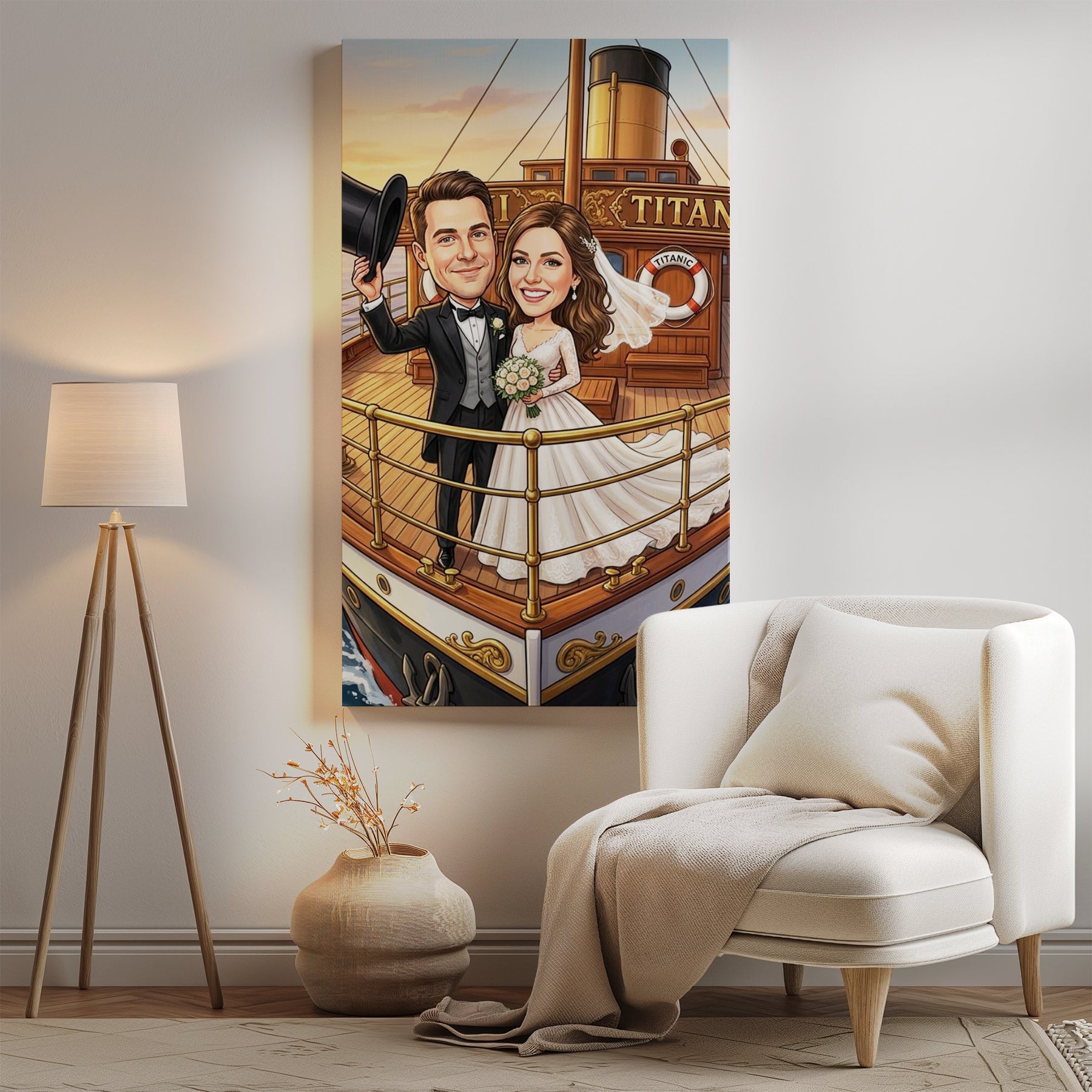 Personalized Titanic wedding caricature of smiling couple on sunset deck