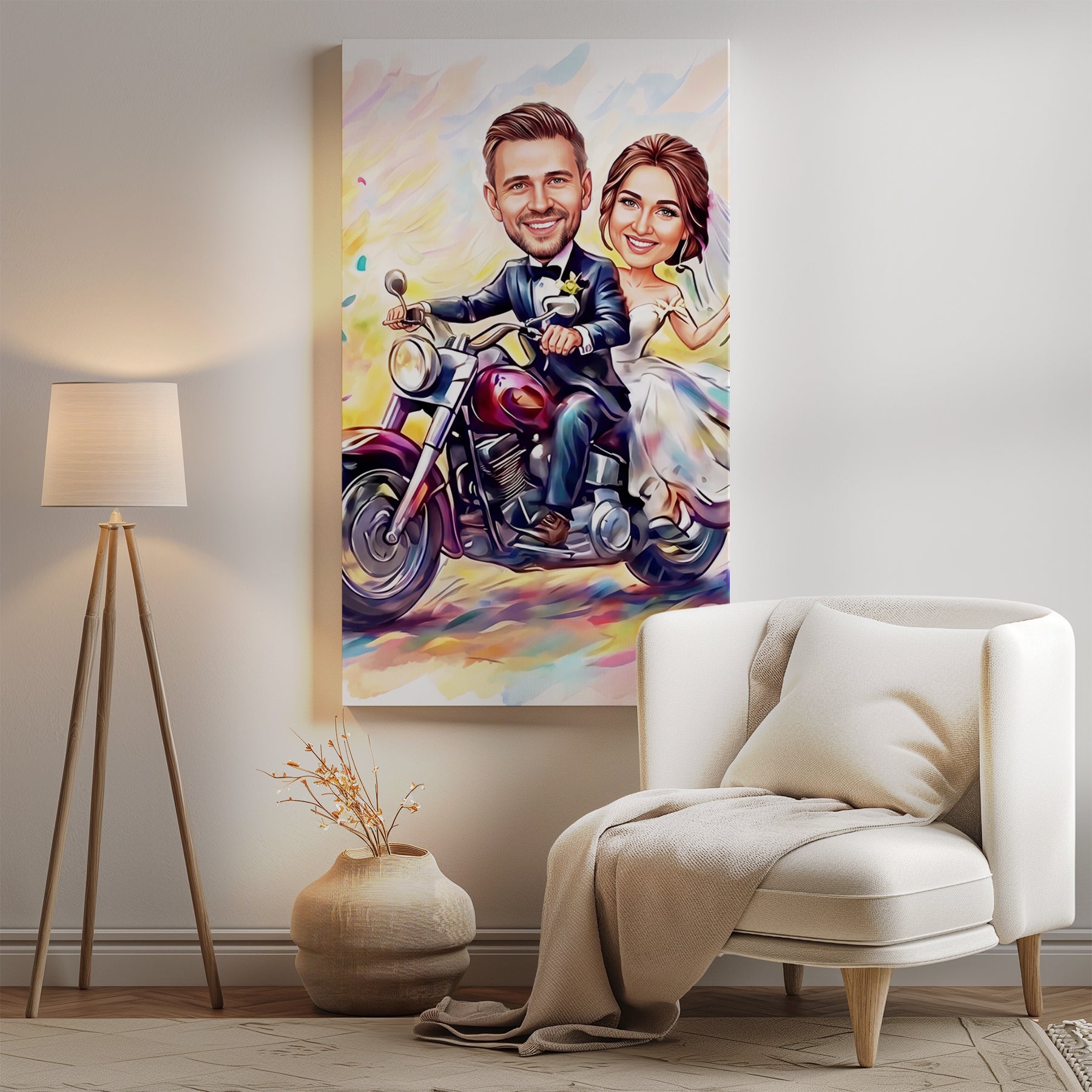 Vibrant caricature of smiling wedding couple on motorcycle, personalized gift