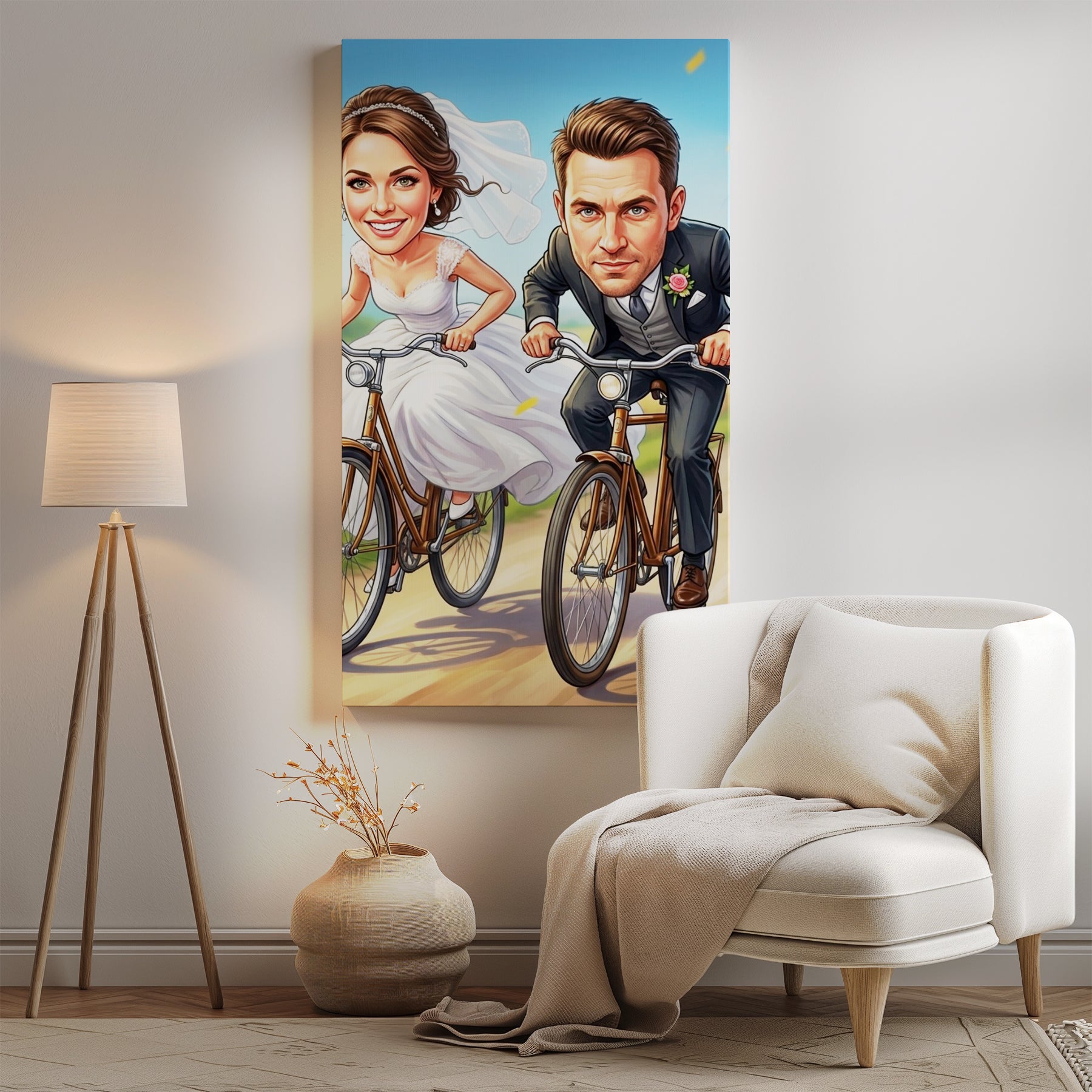 Vibrant cartoon wedding portrait canvas of smiling bride and groom on bikes