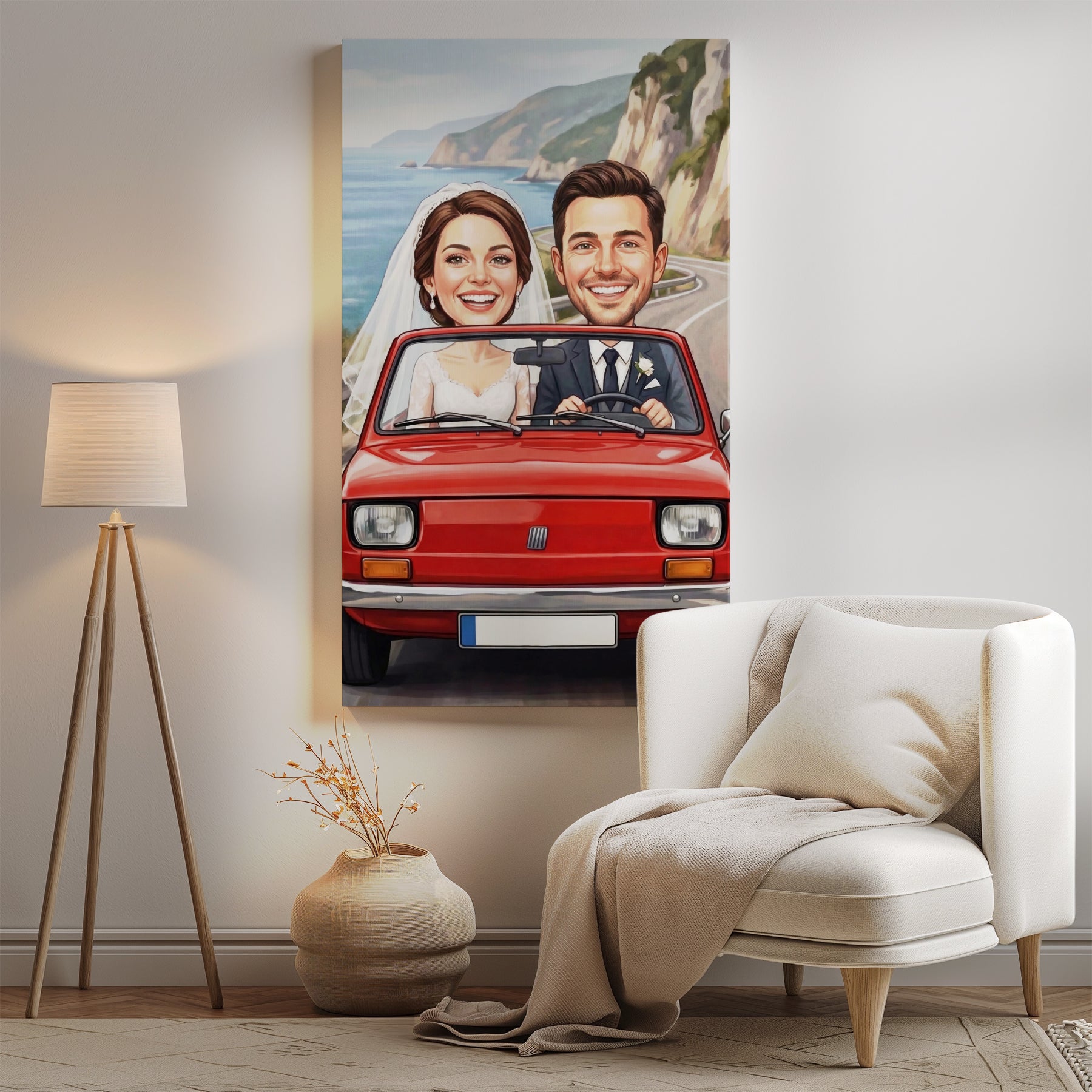 Caricature wedding portrait of smiling couple in vibrant red vintage Fiat car