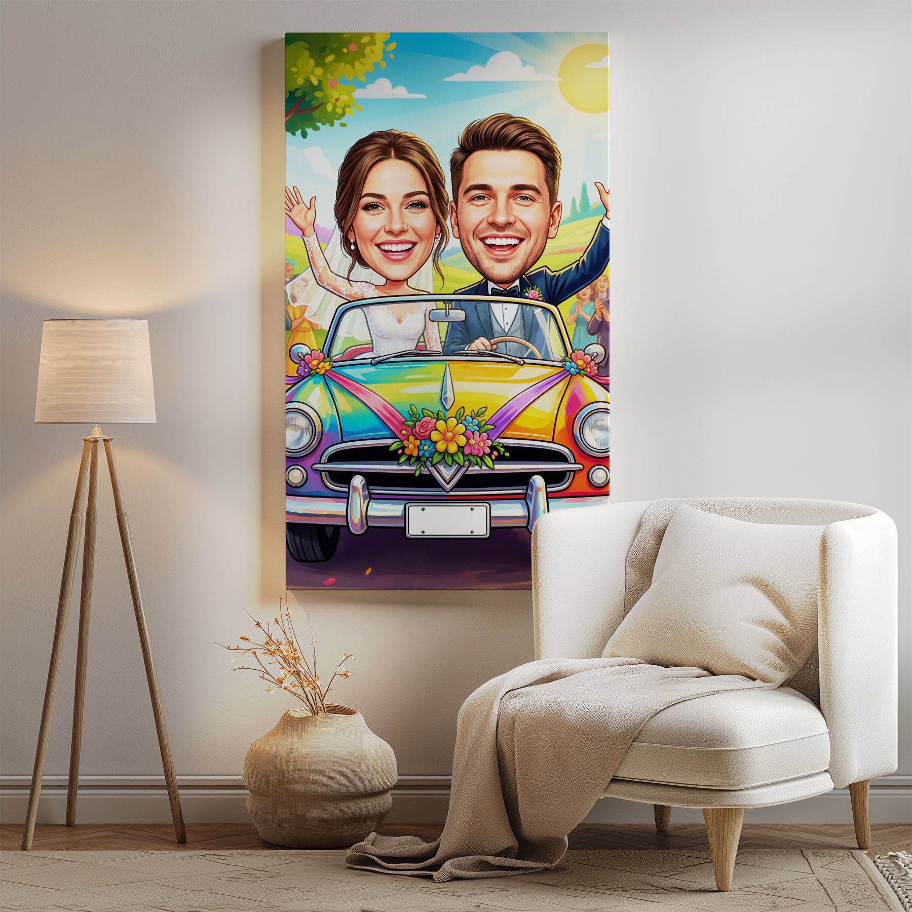 Vibrant rainbow vintage convertible car canvas print with joyful cartoon couple