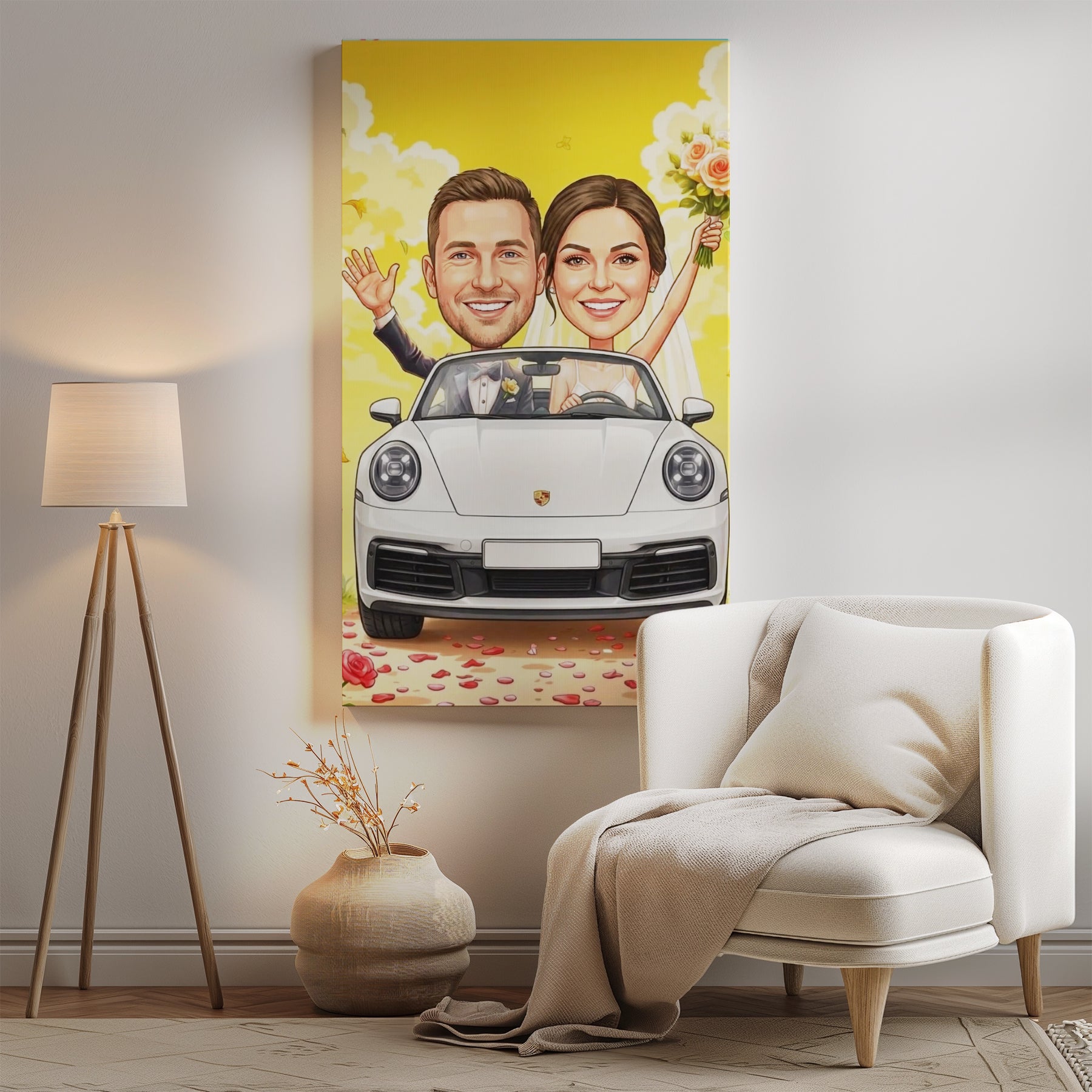 Vibrant yellow canvas print of smiling wedding couple caricature in white Porsche sports car