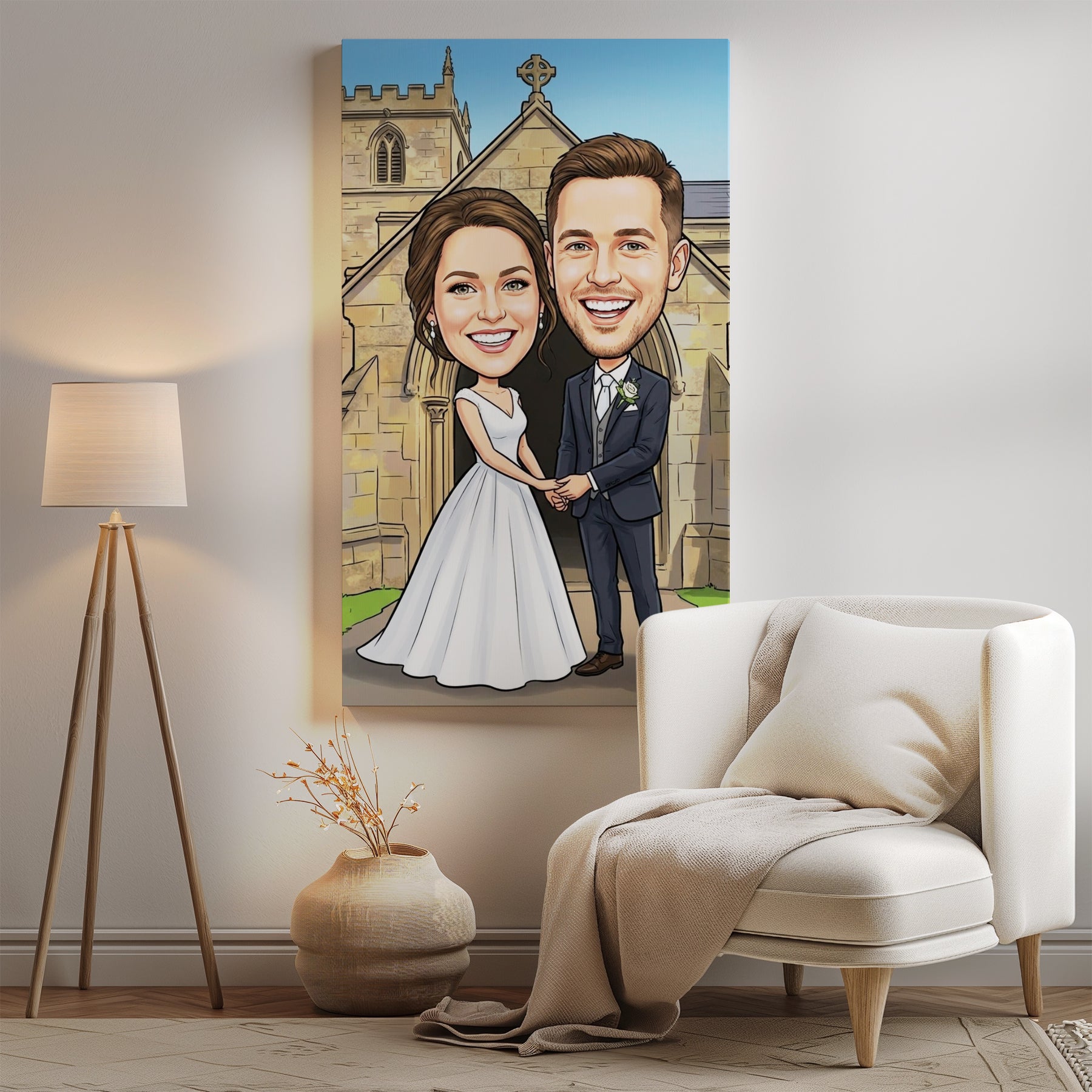 Personalized wedding caricature of smiling bride in white gown and groom in navy suit before stone church