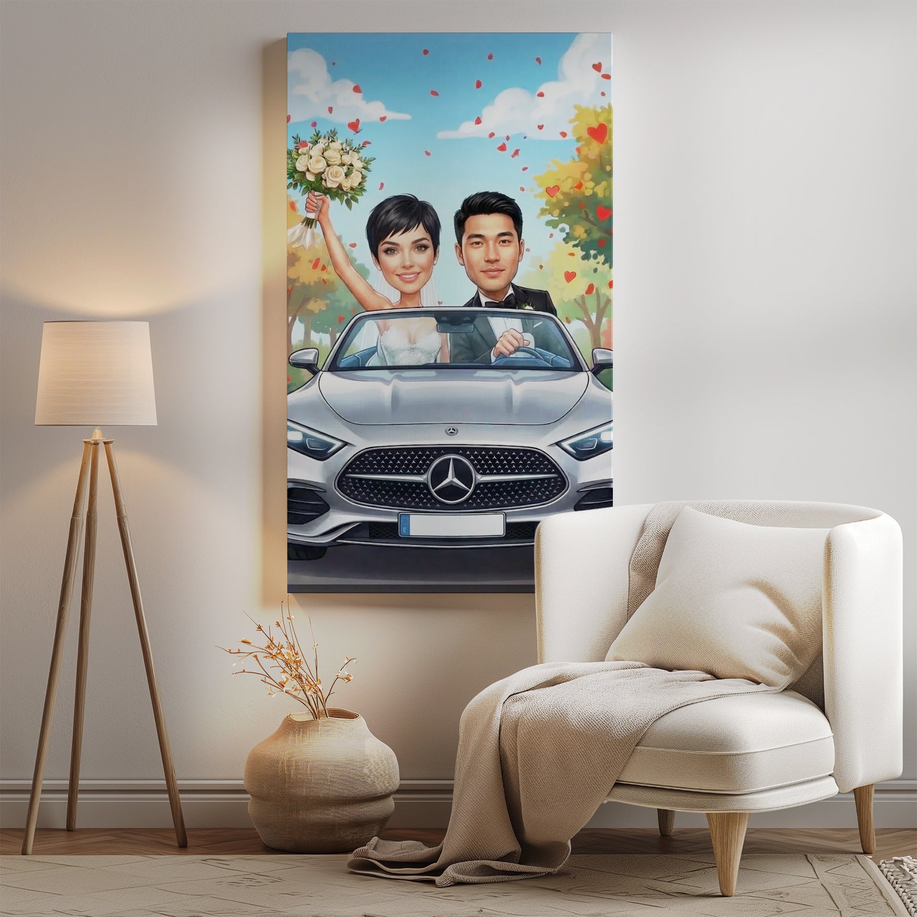 Cartoon silver Mercedes-Benz convertible portrait on canvas for wedding couple