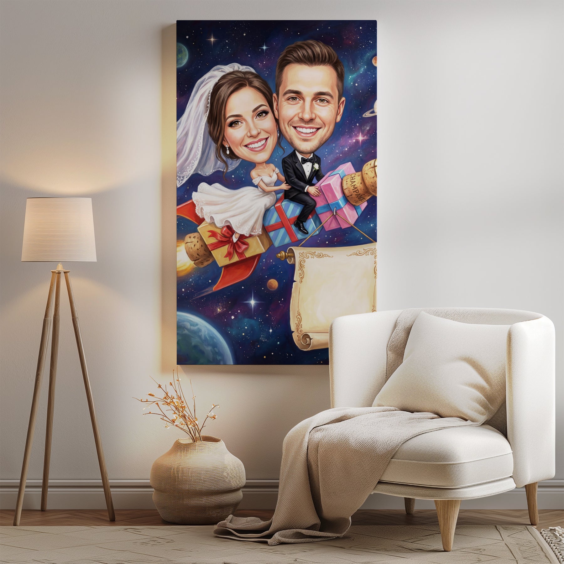 Personalized cosmic wedding caricature canvas print of smiling bride and groom on gift boxes