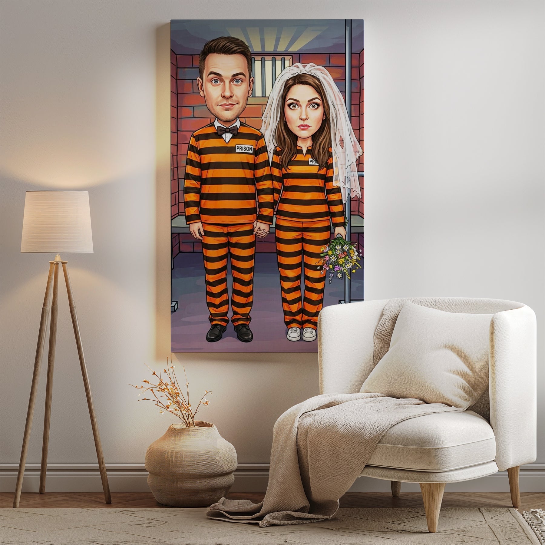 Personalized orange black striped prison uniform caricature canvas print