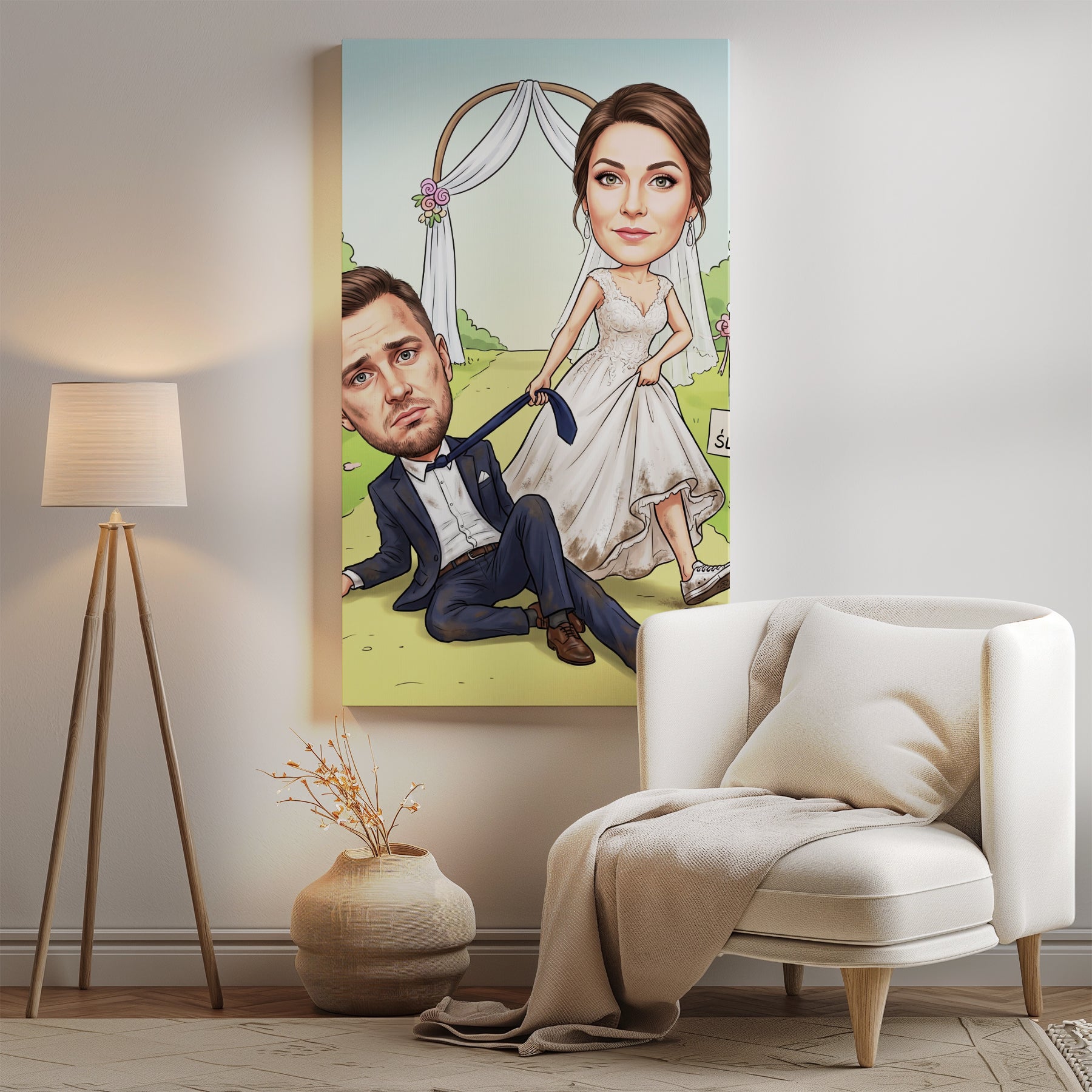 Personalizowana karykatura ślubna pary młodej na płótnie pionowym
