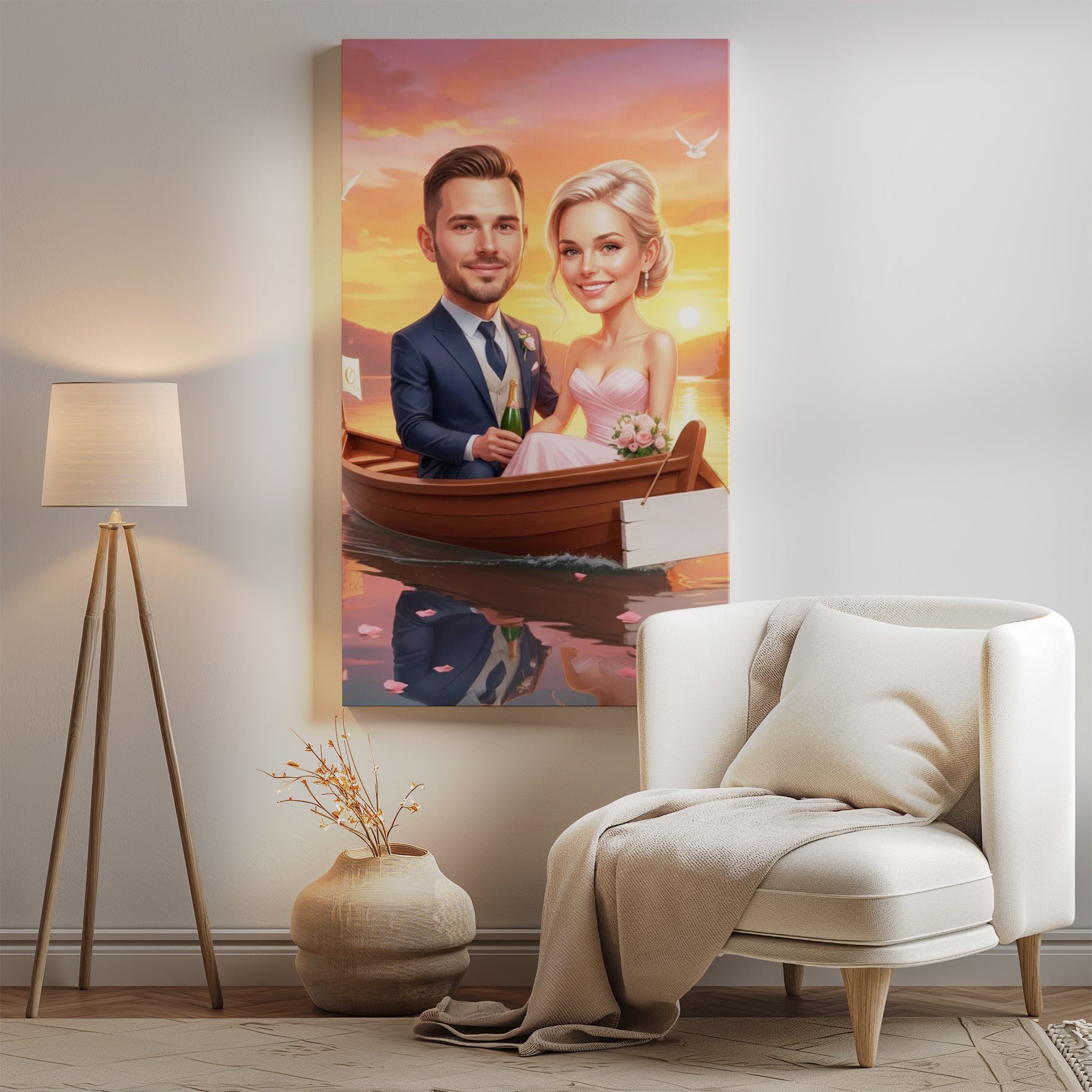 Personalized romantic wedding caricature of smiling couple in boat at sunset