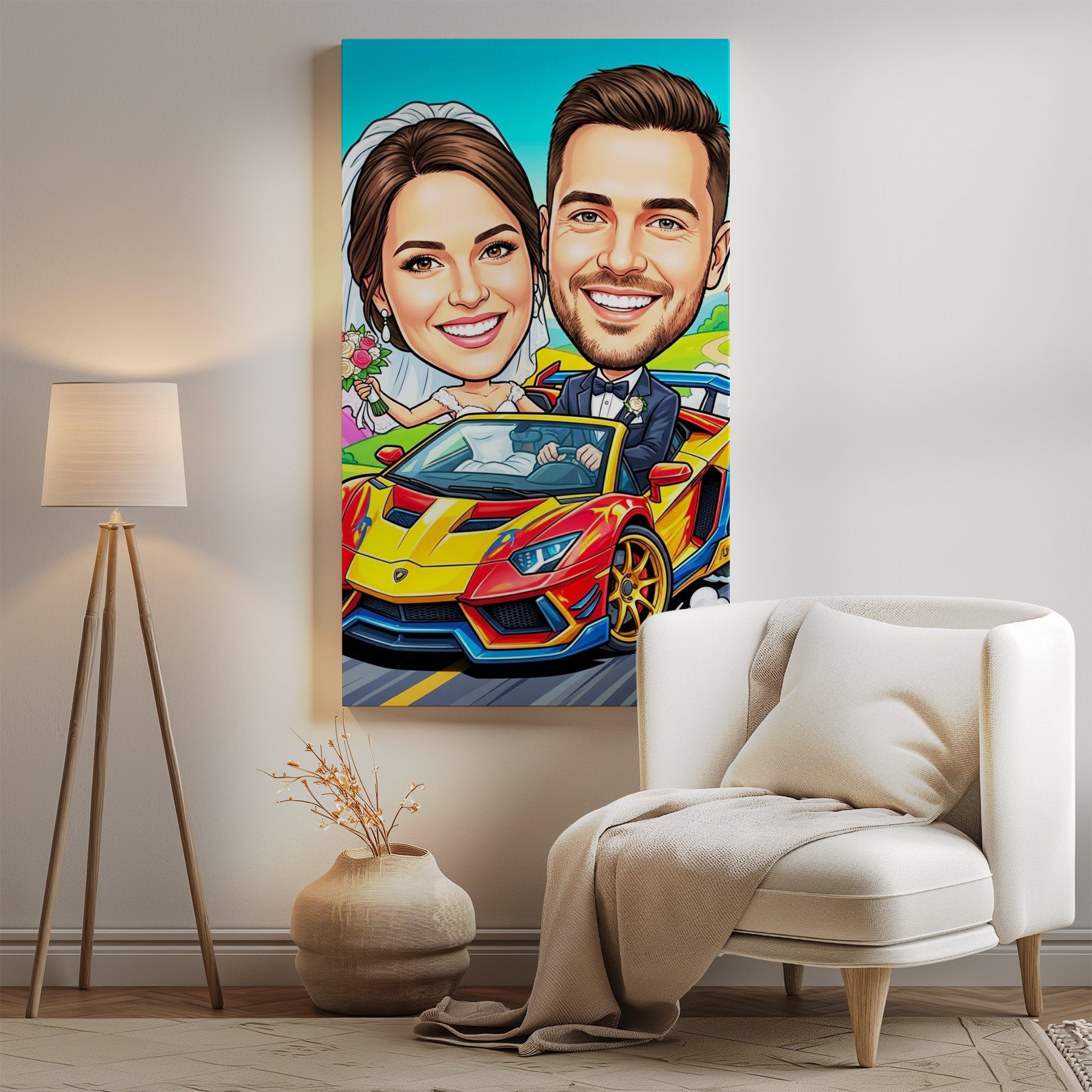 Vibrant cartoon bride and groom in colorful Lamborghini wedding portrait canvas